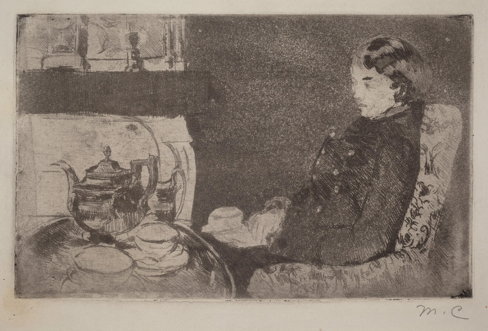 Lydia at Afternoon Tea, by Mary Cassatt, ink, 1882