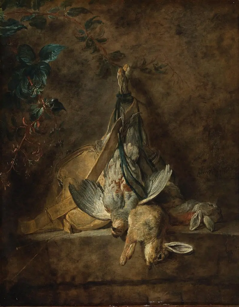 A Still Life Two Rabbits, a Grey Partridge, Game Bag and a Powder Flask