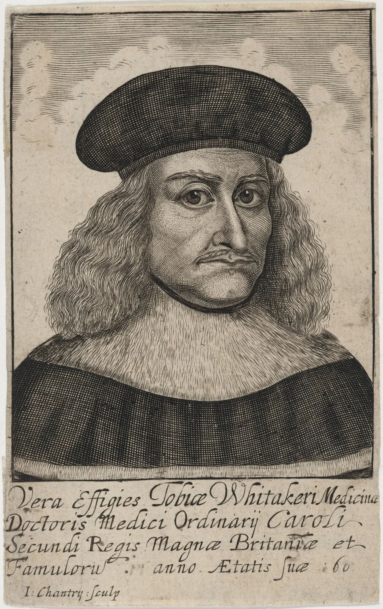 Tobias Whitaker,  Physician in Ordinary to the Royal Household, by John Chantry, ink, 1661