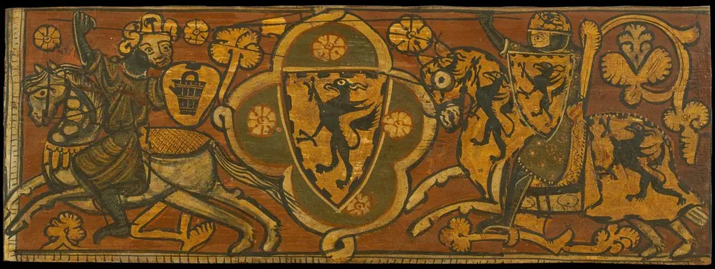 Coffered ceiling panel with a fight between a Christian knight and a Muslim