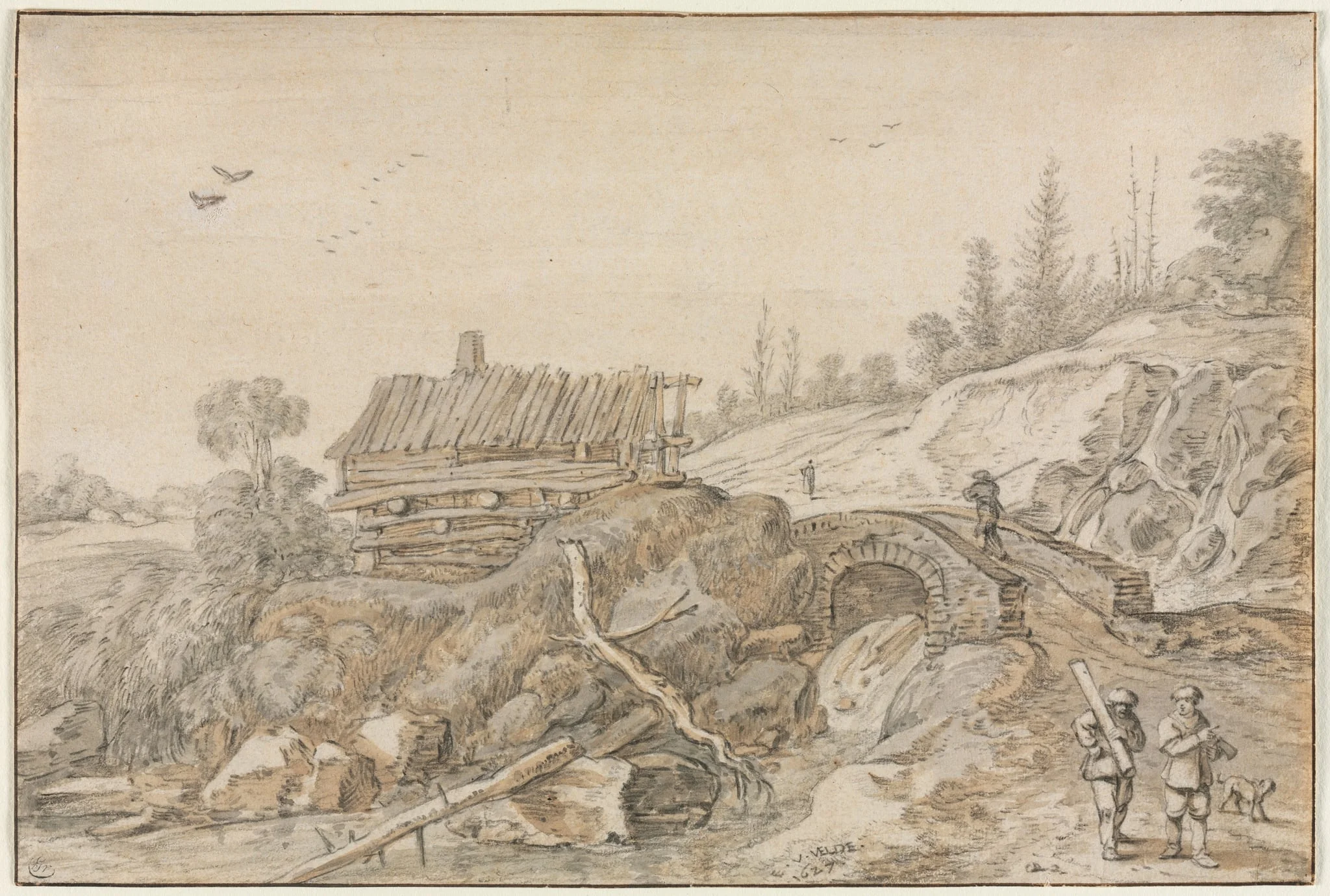 Hilly Landscape with Hut Beside a Stream, by Esaias van de Velde, 1627