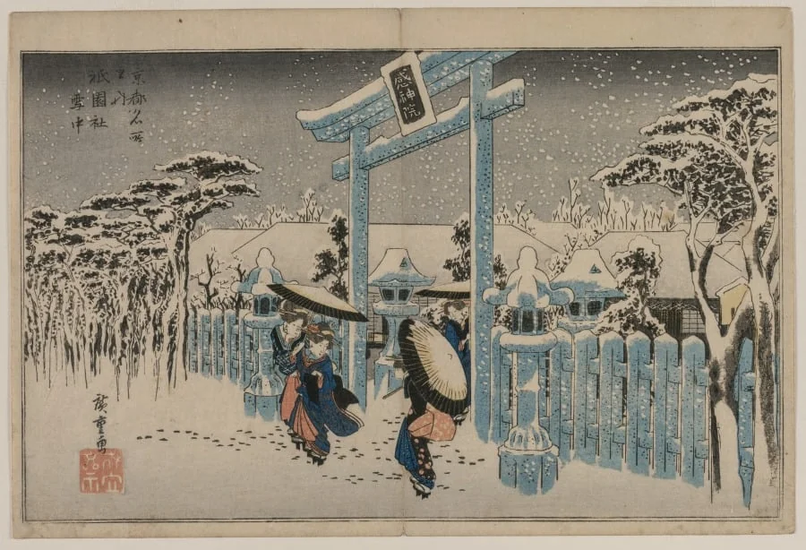 Snow at the Gion Shrine, from the series Famous Places in Kyoto, by Utagawa Hiroshige, 1834