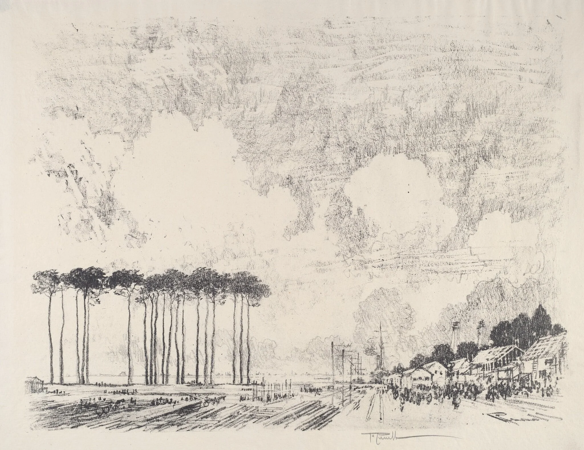 The Embarkation Camp, the Classic Grove, by Joseph Pennell, ink, 1917