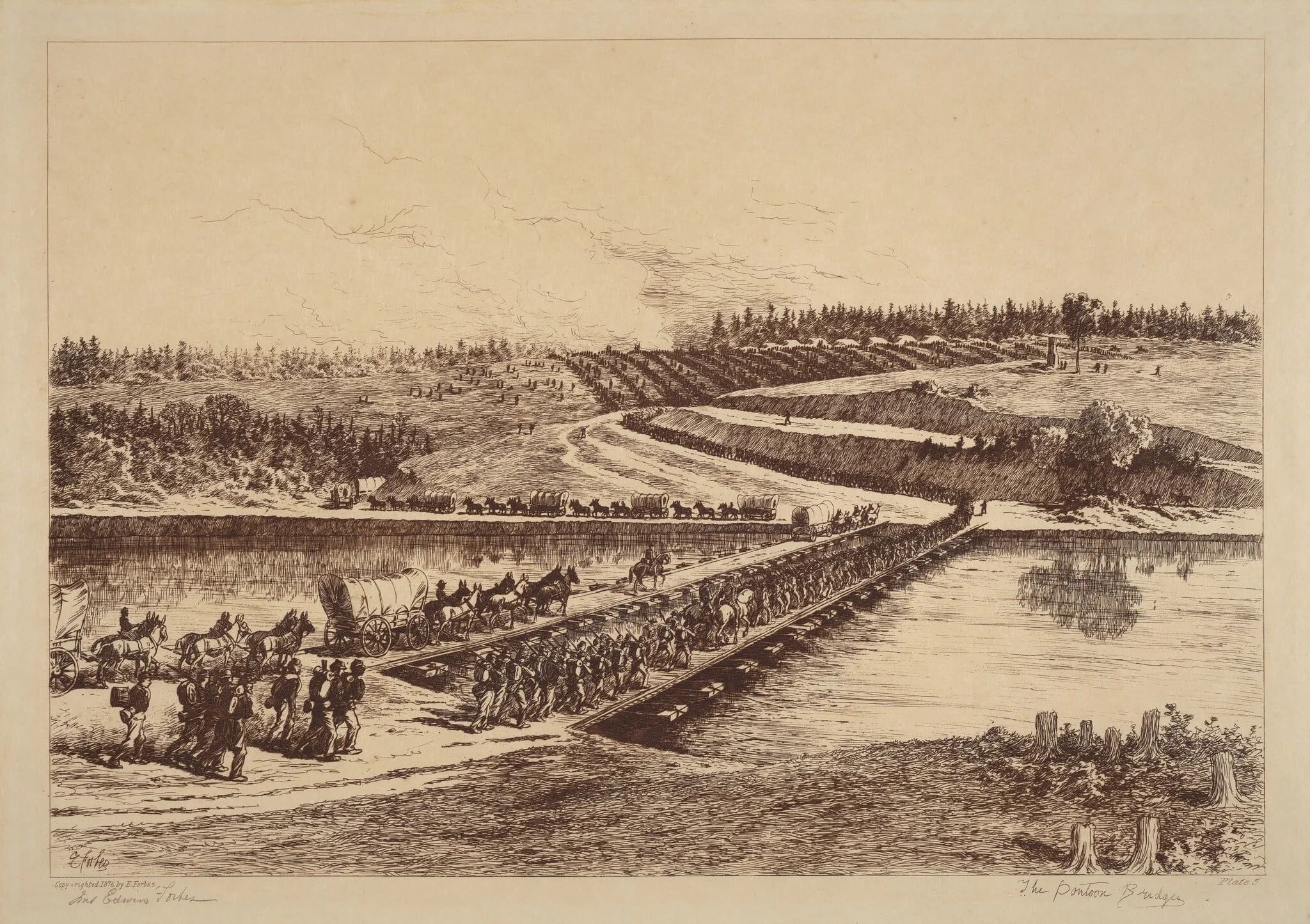 The Pontoon Bridges, by Edwin Forbes, ink, 1876