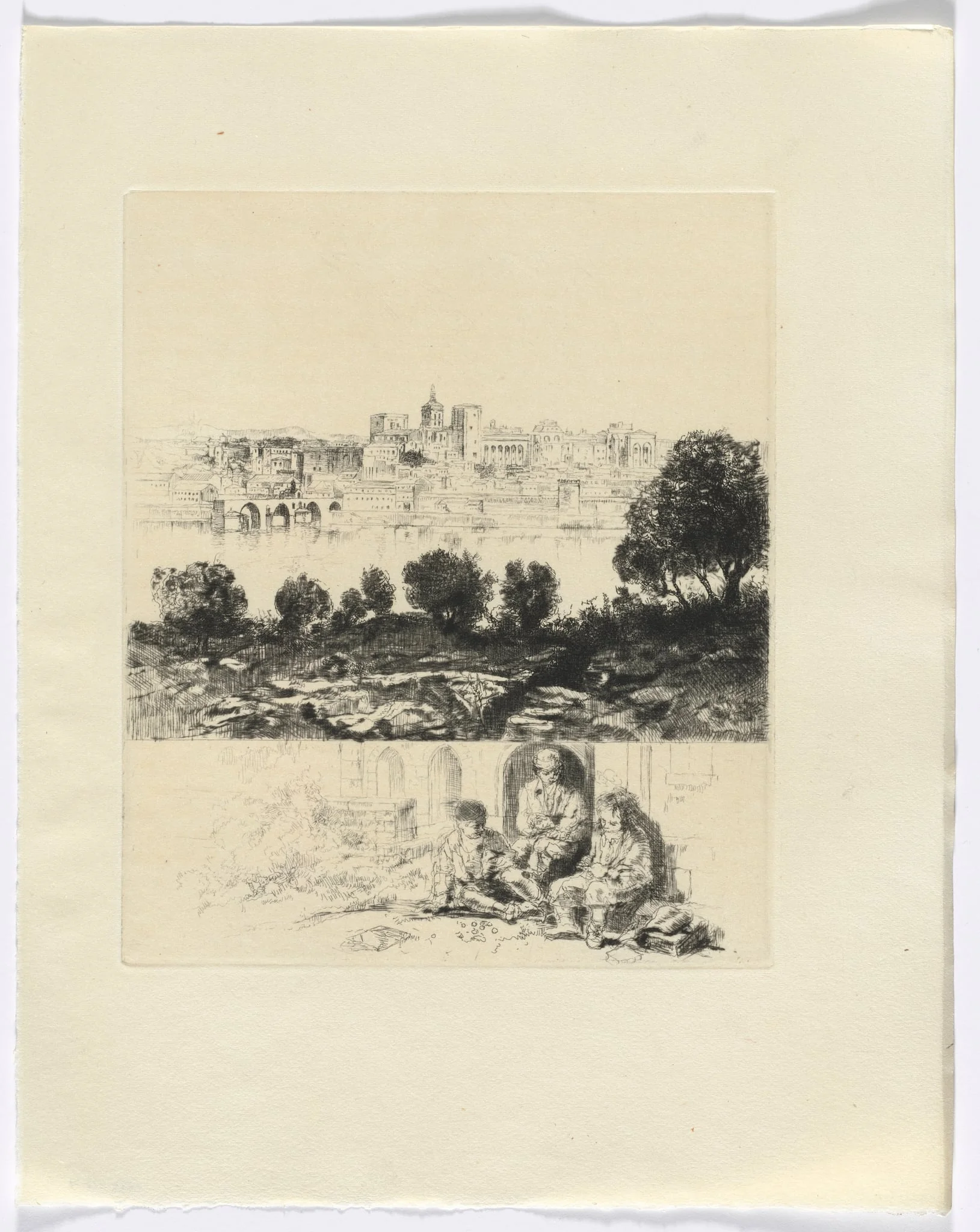 Frédéric Mistral: Mémoires et Recits by Frédéric Mistral: landscape with river and city view/ three figures (insert after p. 72), by Auguste Brouet, 1937