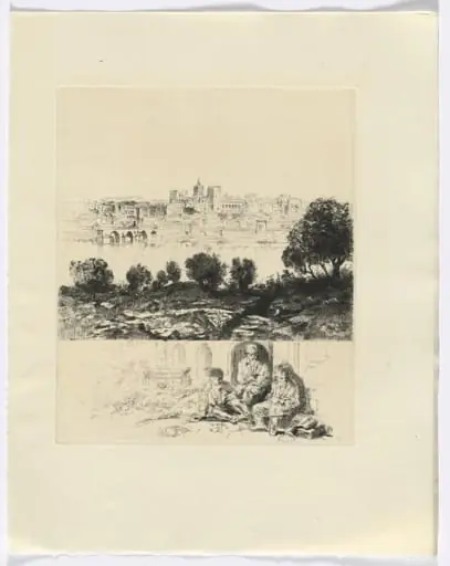 Frédéric Mistral: Mémoires et Recits by Frédéric Mistral: landscape with river and city view/ three figures (insert after p. 72)