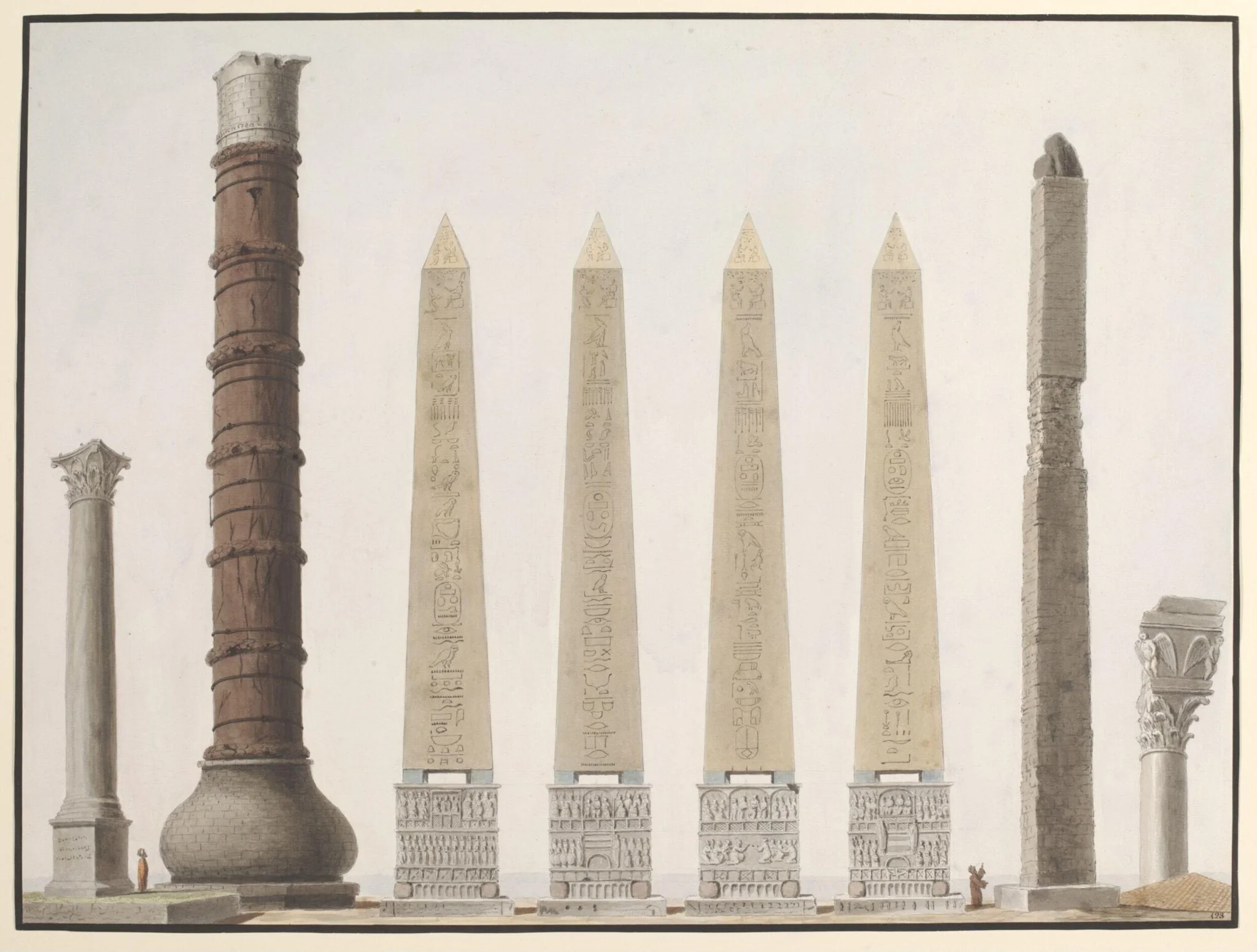 An illustration showing the ancient columns and the Egyptian oblelisk, by Anonymous Greek artist, watercolor, 1809