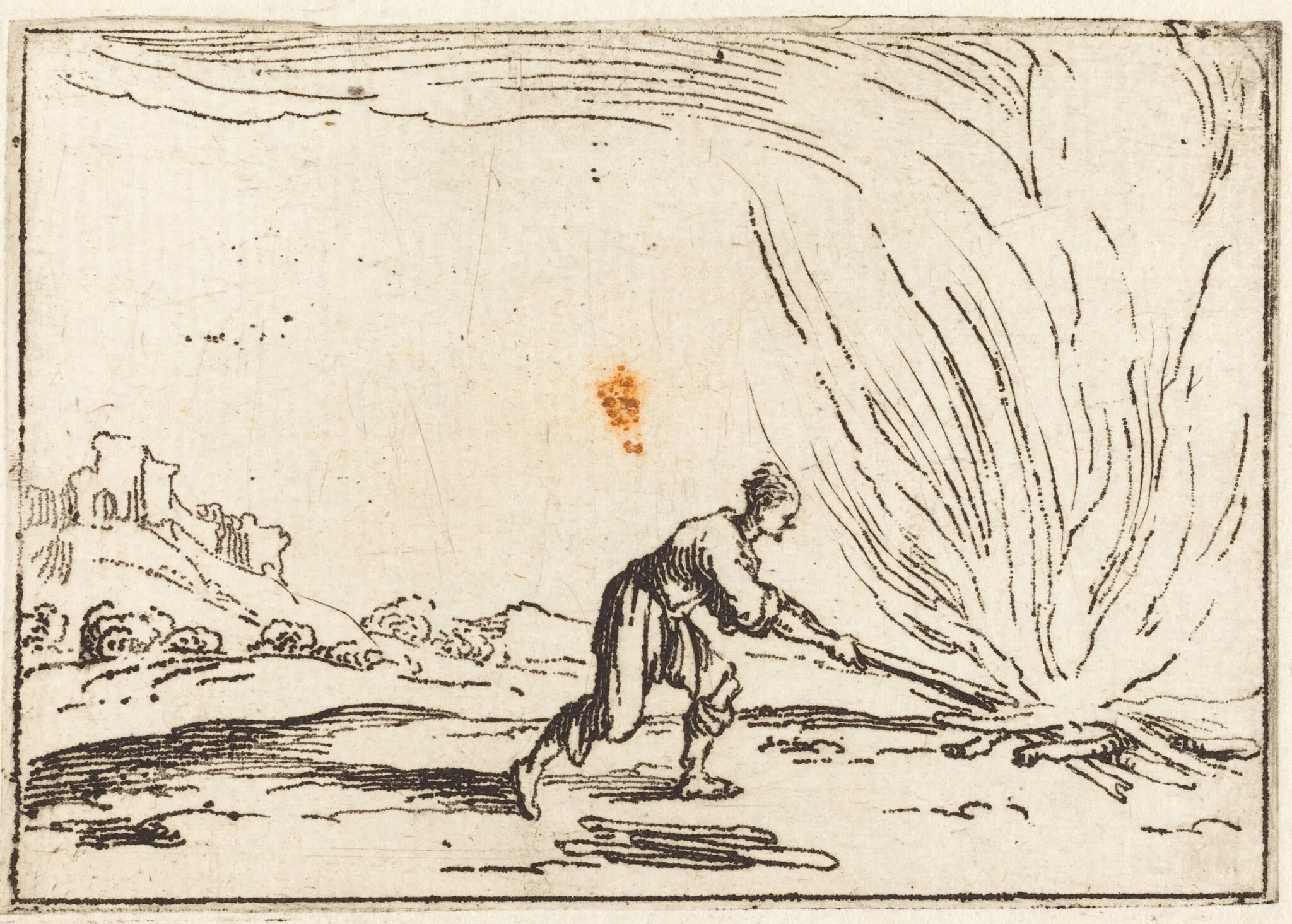 Man Attending a Fire, by Jacques Callot, ink, 1628
