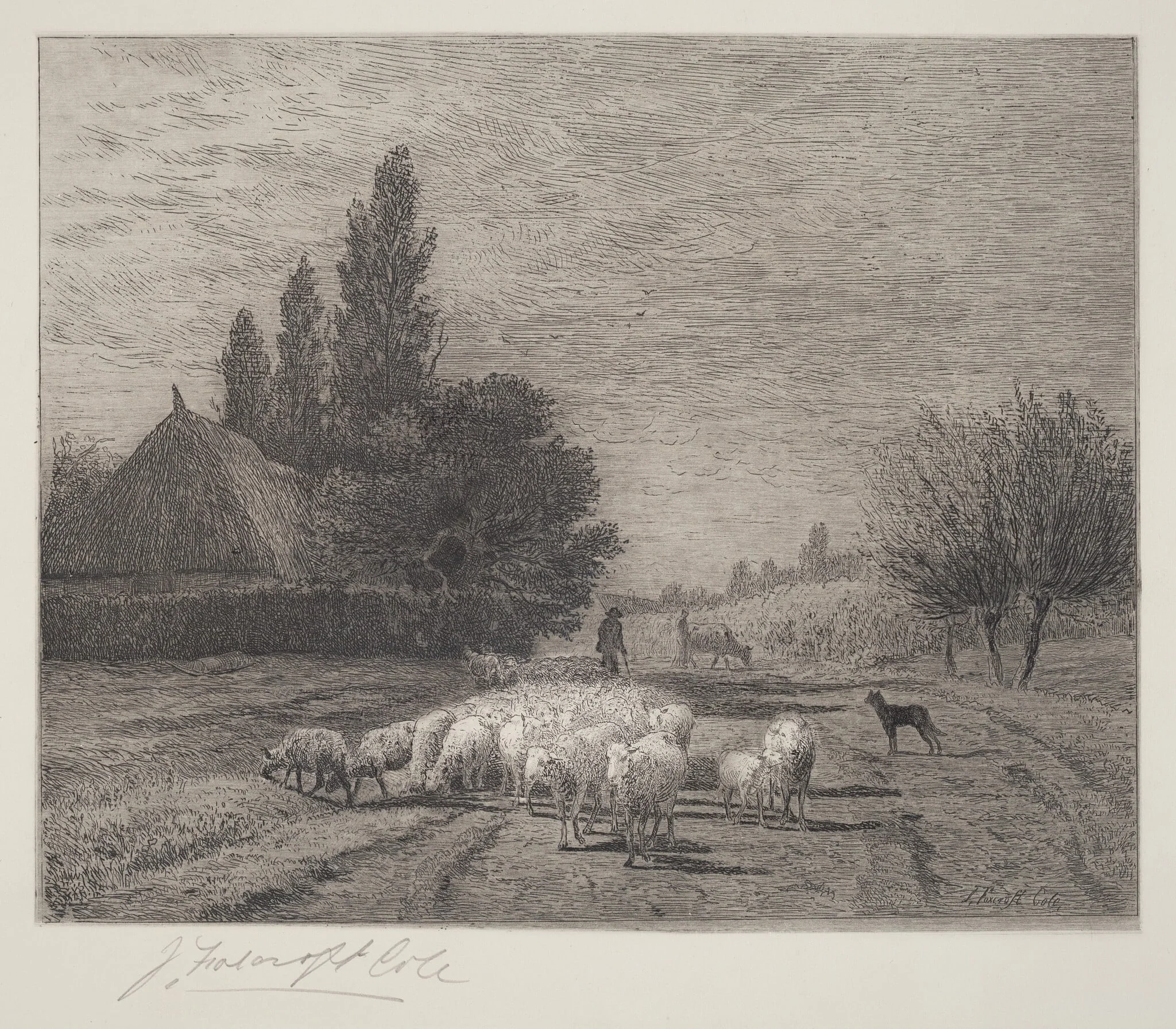 Village Street in France With a Flock of Sheep, by Joseph Foxcroft Cole, ink, 1866