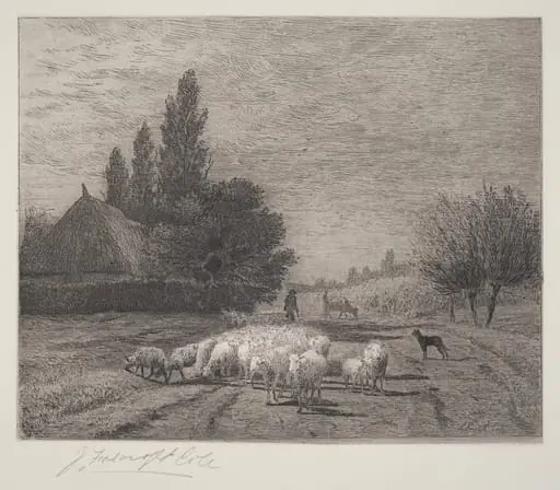 Village Street in France With a Flock of Sheep