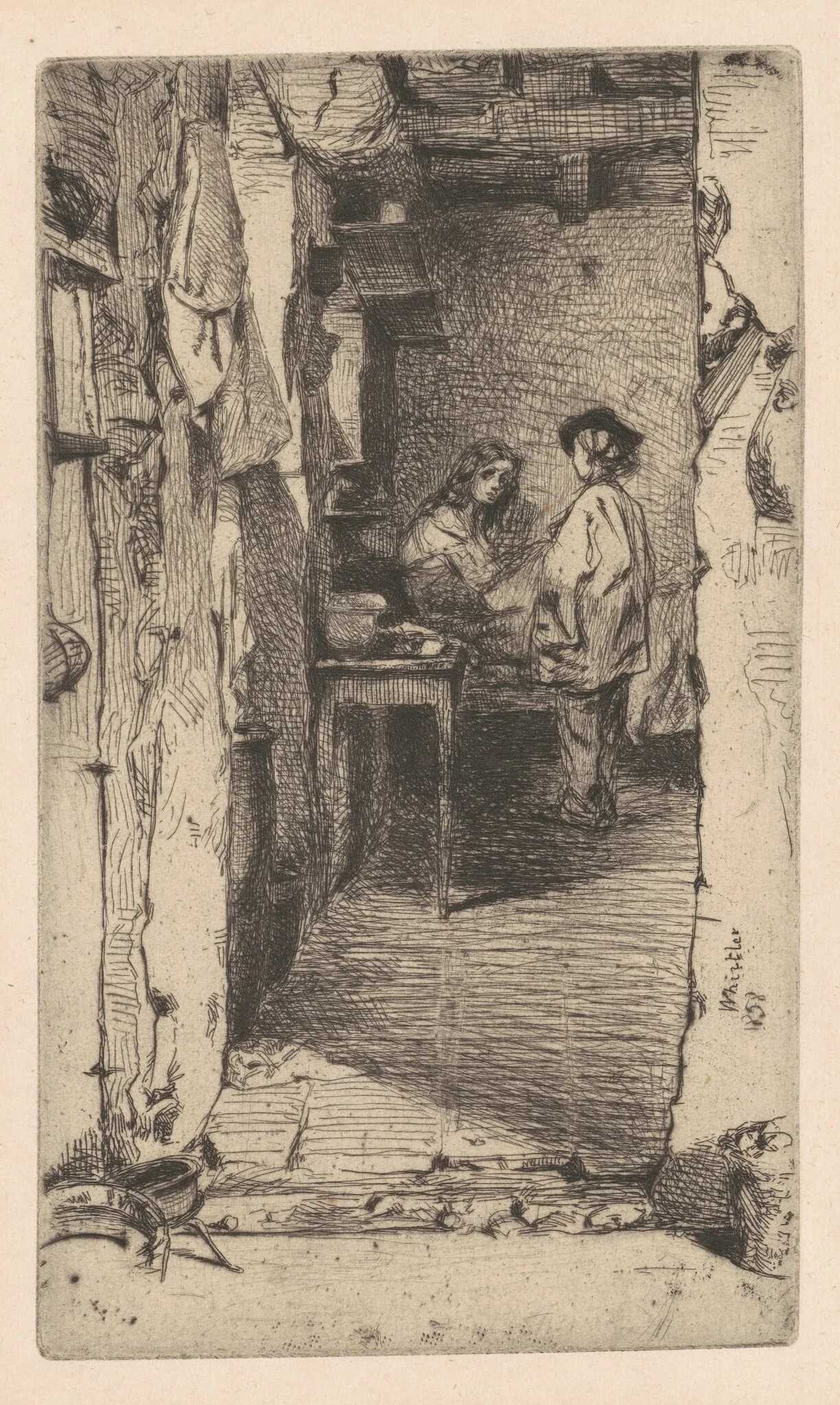 Rag Pickers, Quartier Mouffetard, Paris, by James McNeill Whistler, ink, 1858