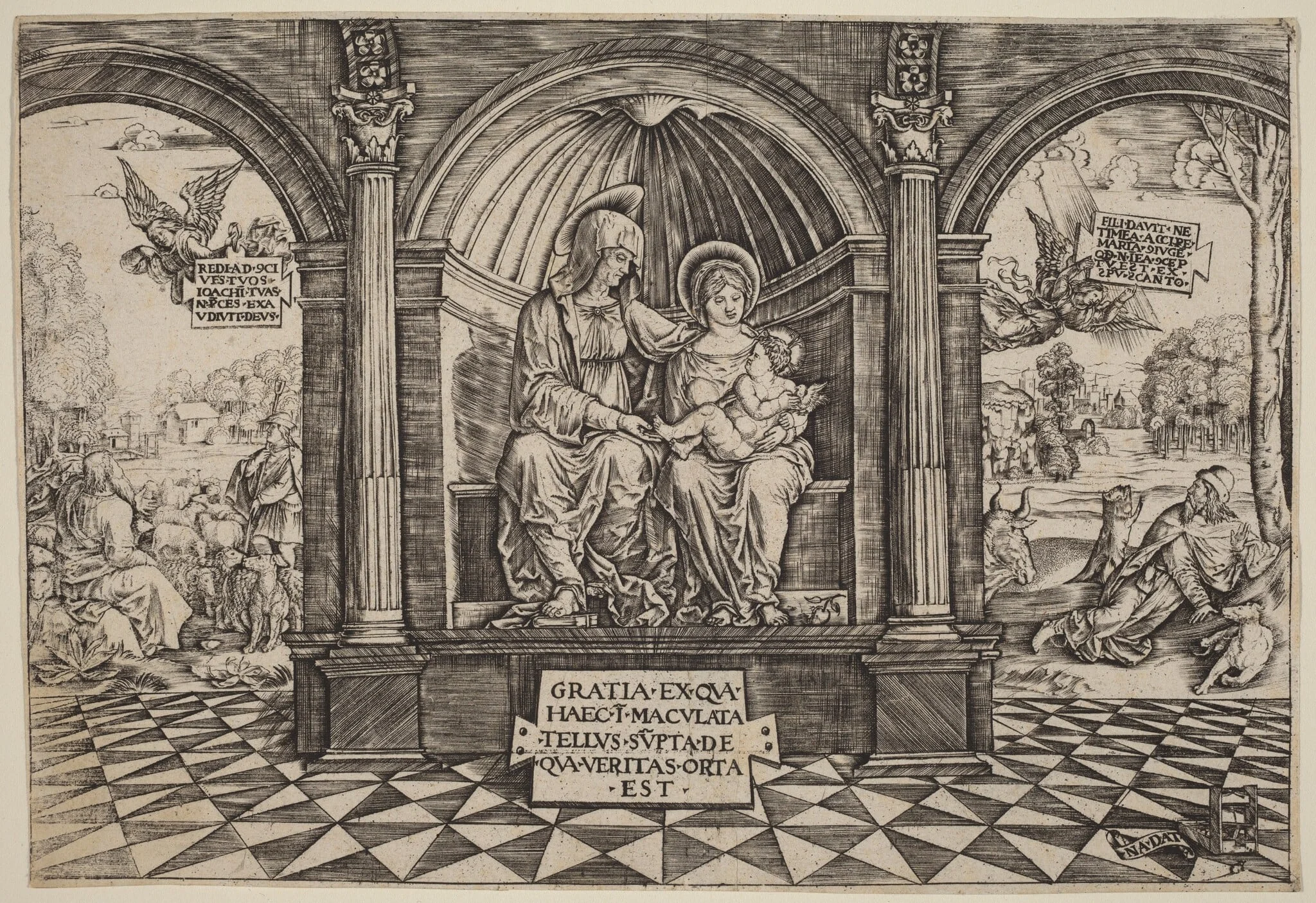 Virgin and Child Enthroned with Saint Anne, by Master NA.DAT with the Mousetrap, ink, 1512