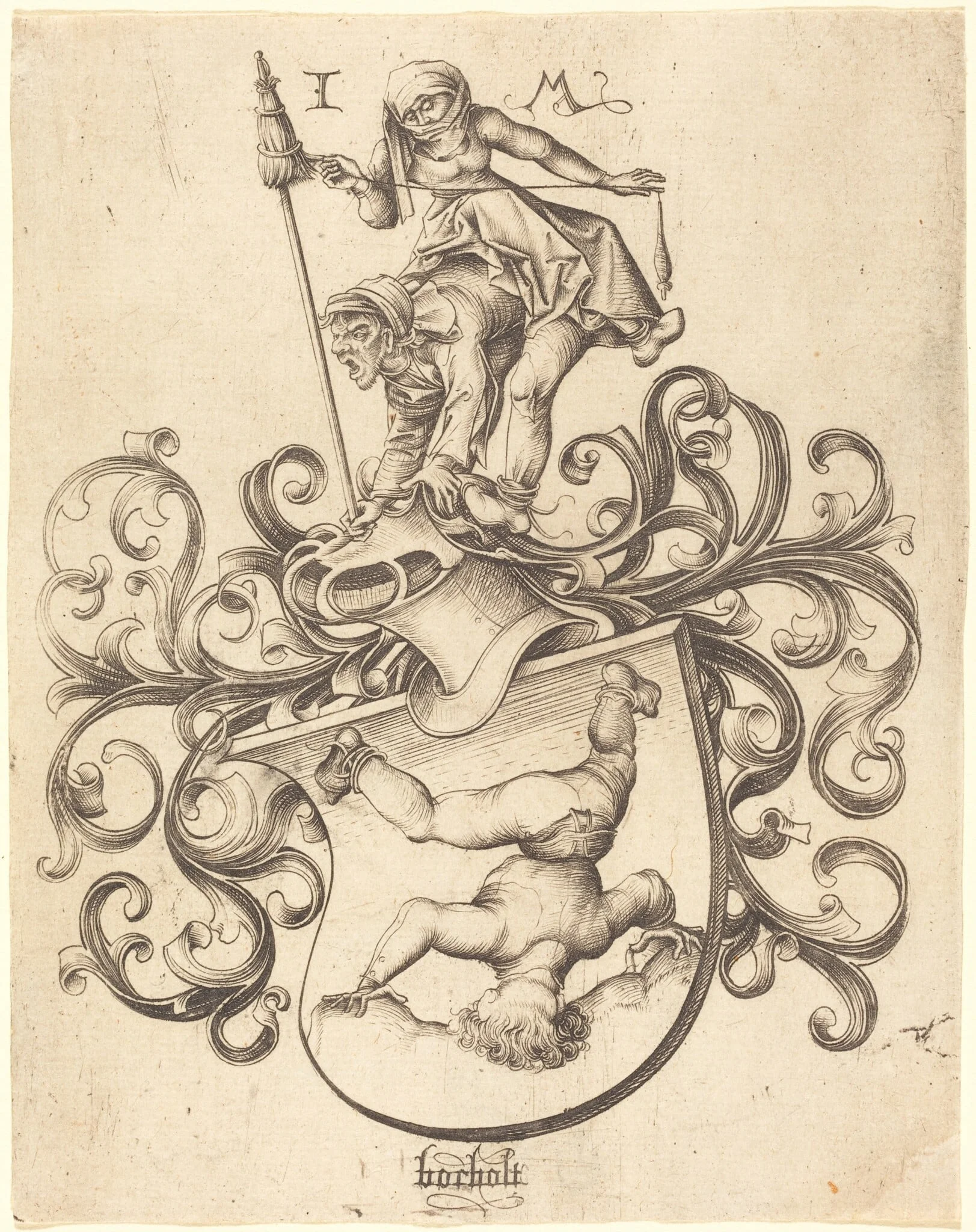 Coat of Arms with Tumbling Boy, by Israhel van Meckenem, ink, 1485