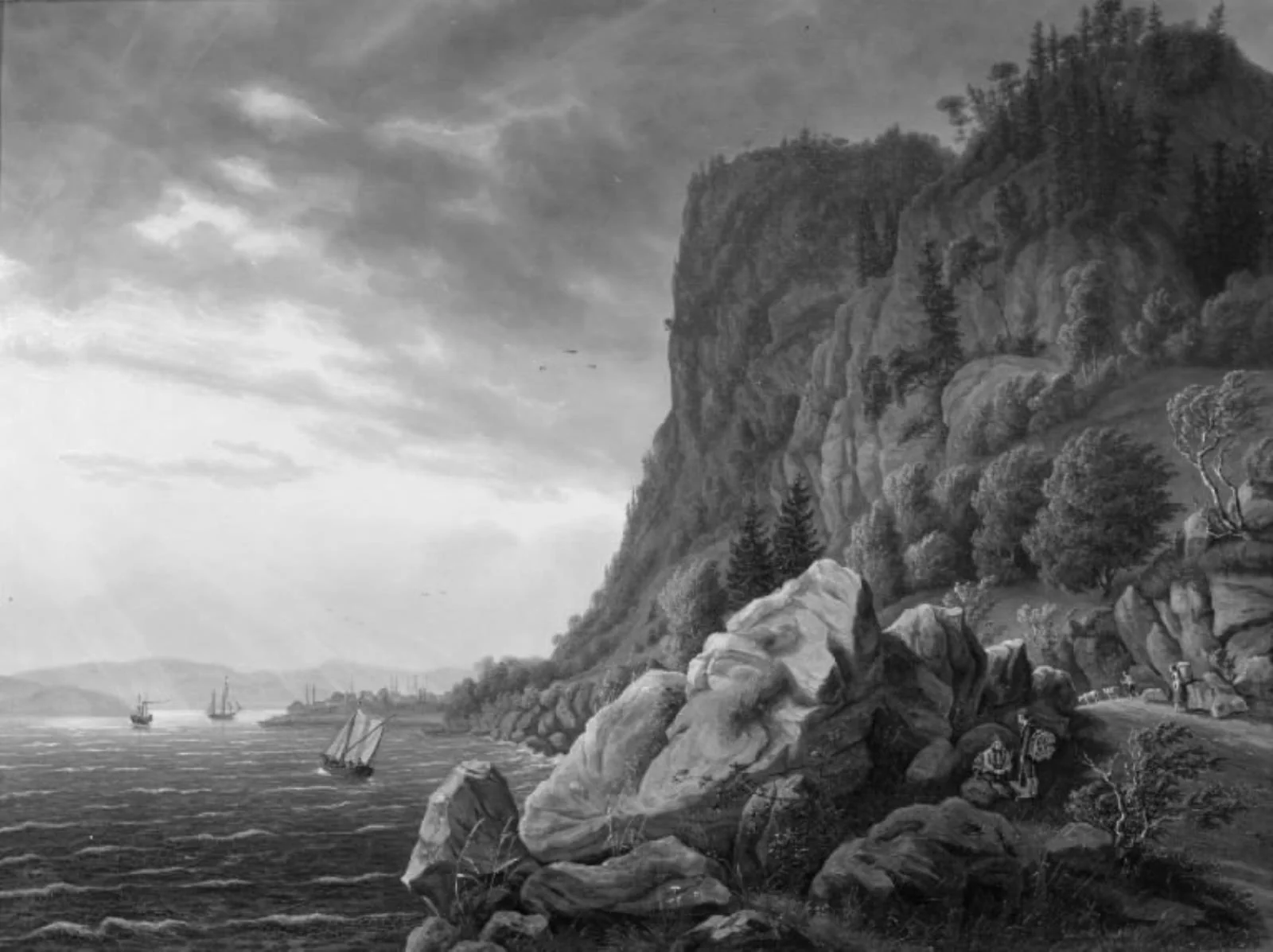 Indsejlingen til Holmestrand i Norge med vejen fra Drammen langs klippevæggen. Tidlig morgen, by Jens Peter Møller, oil, 1845