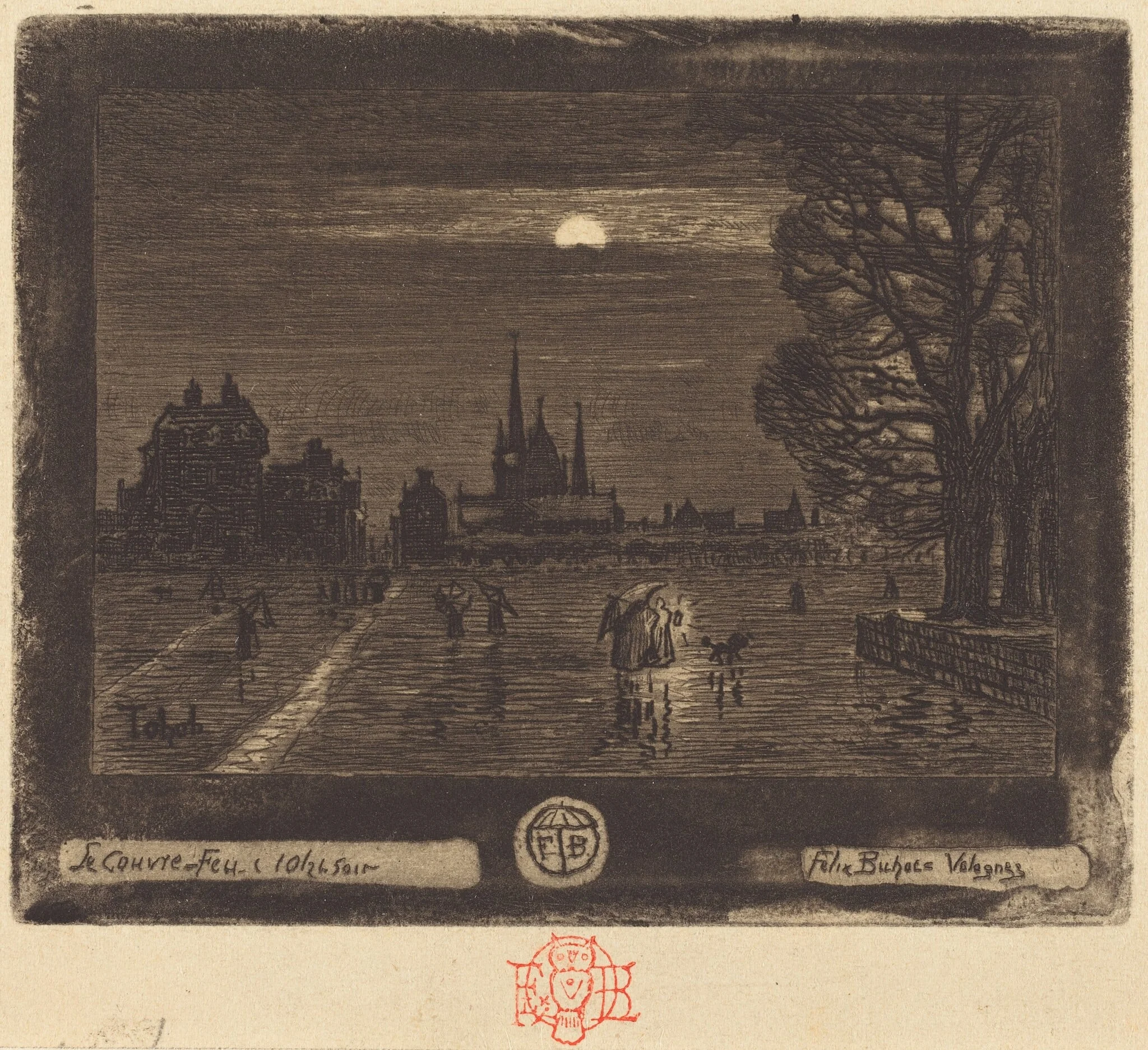 Le Couvre-Feu (The Curfew) [recto], by Félix-Hilaire Buhot, ink, 1874