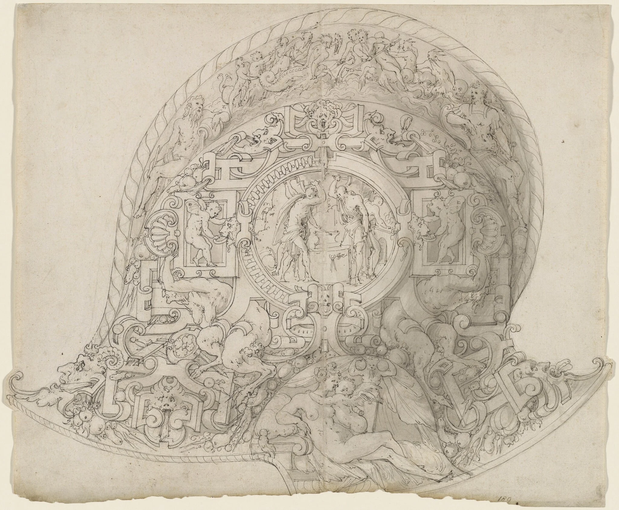 Design for a Burgonet Helmet, by Jean Cousin the Elder, ink, 1545