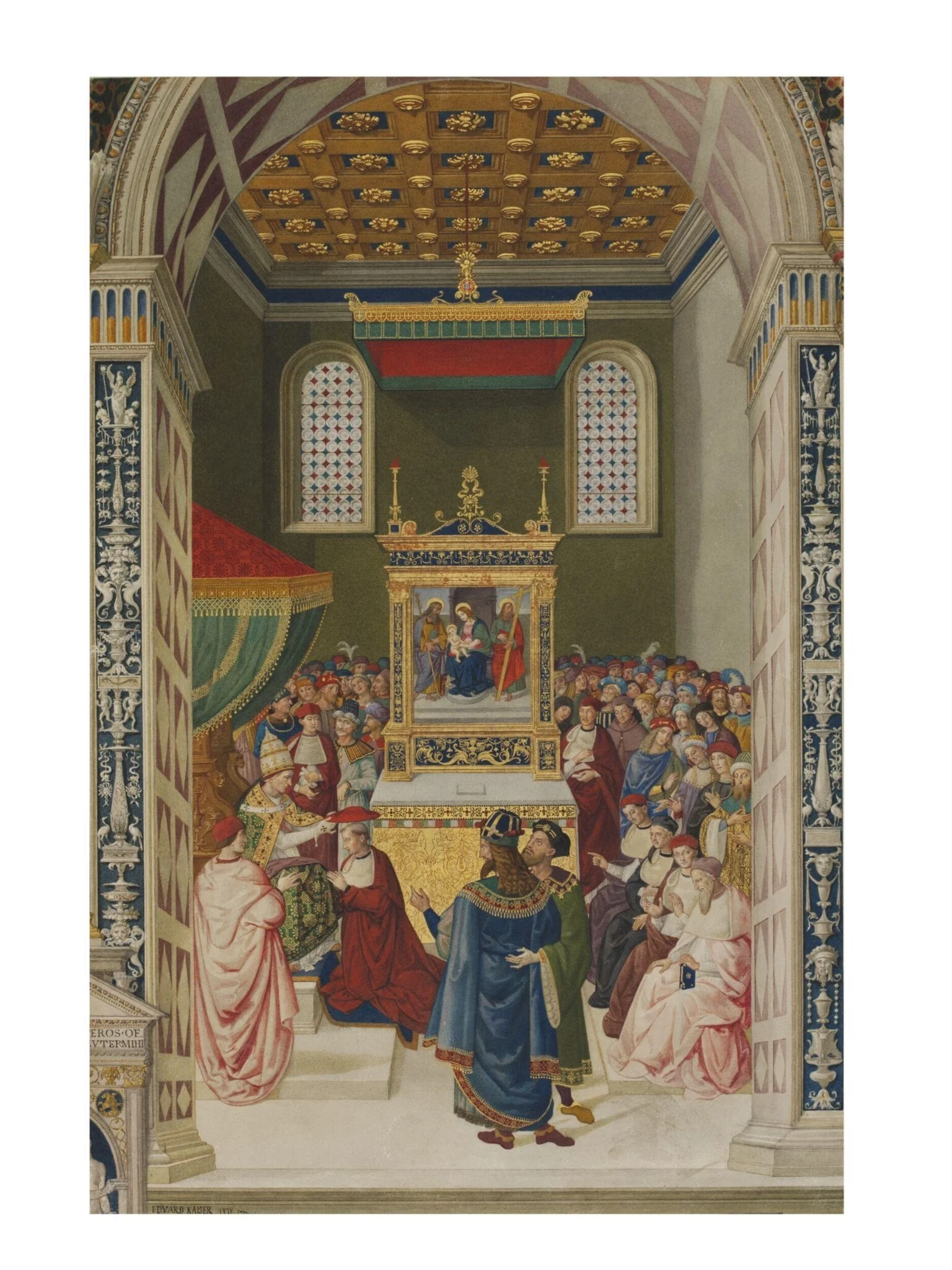Copy after the painting Piccolomini receiving the  Cardinal's hat by Pinturicchio in the Libreria  Piccolomini, Siena., by Edward Kaiser, watercolor, 1878
