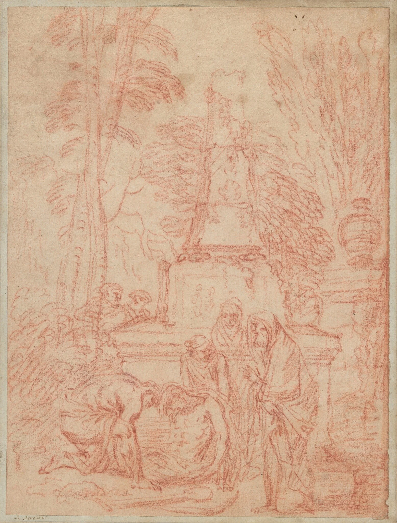 Tobit Burying the Dead, by Jean Antoine Watteau, chalk, 1710