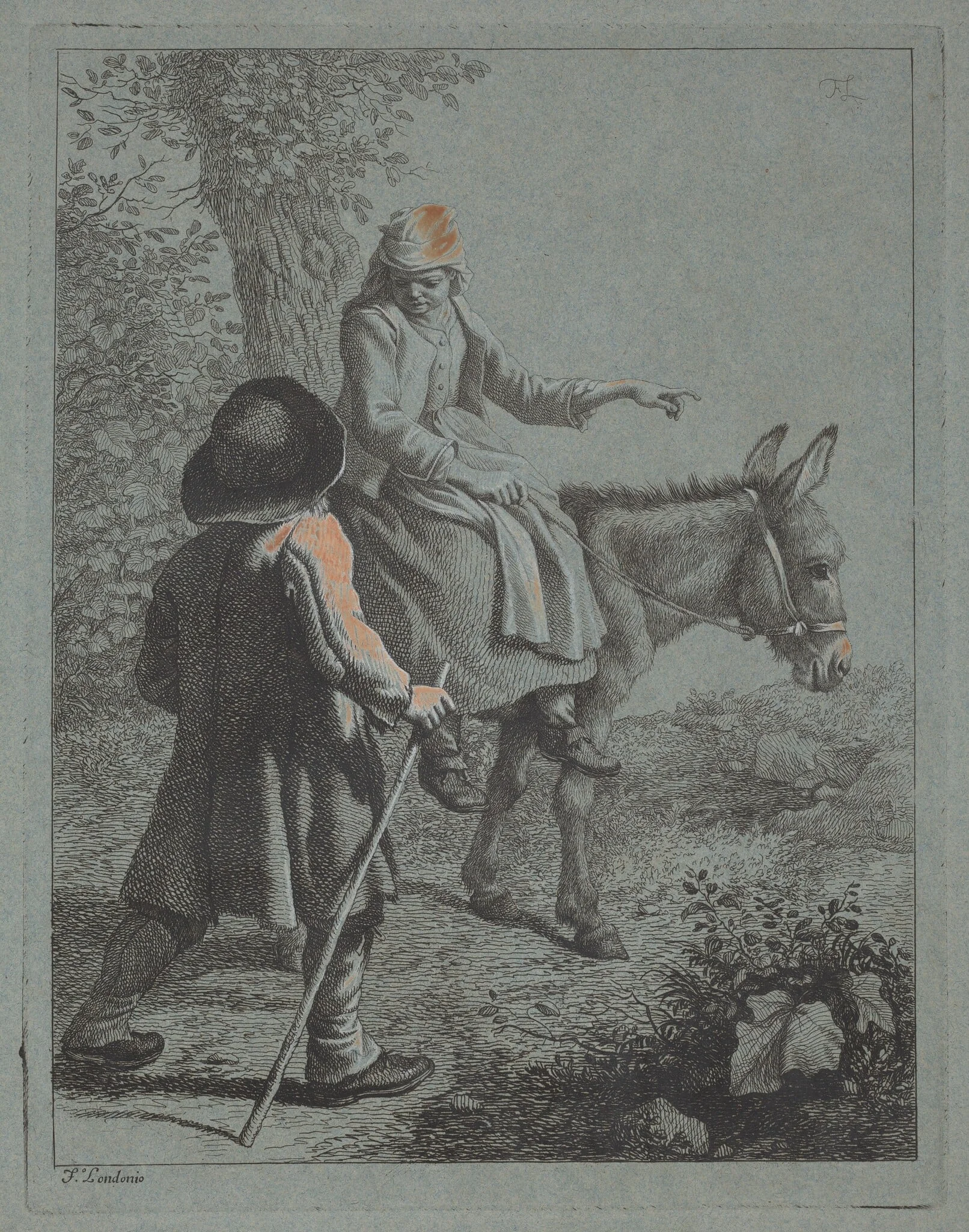 Peasant Woman Seated on a Donkey and a Peasant Man, by Francesco Londonio, gouache, 1753