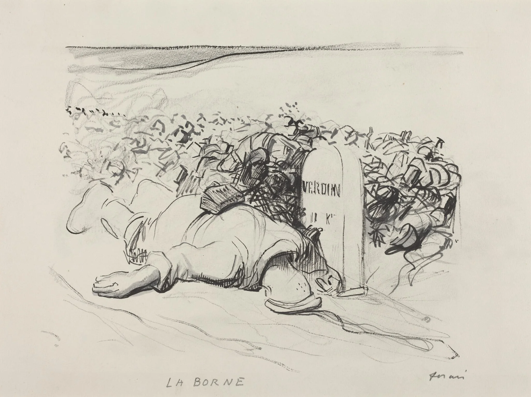 a) La Borne, Verdun (recto); b) Wounded Soldier and First-Aid Man (verso), by Jean-Louis Forain, graphite, 1916