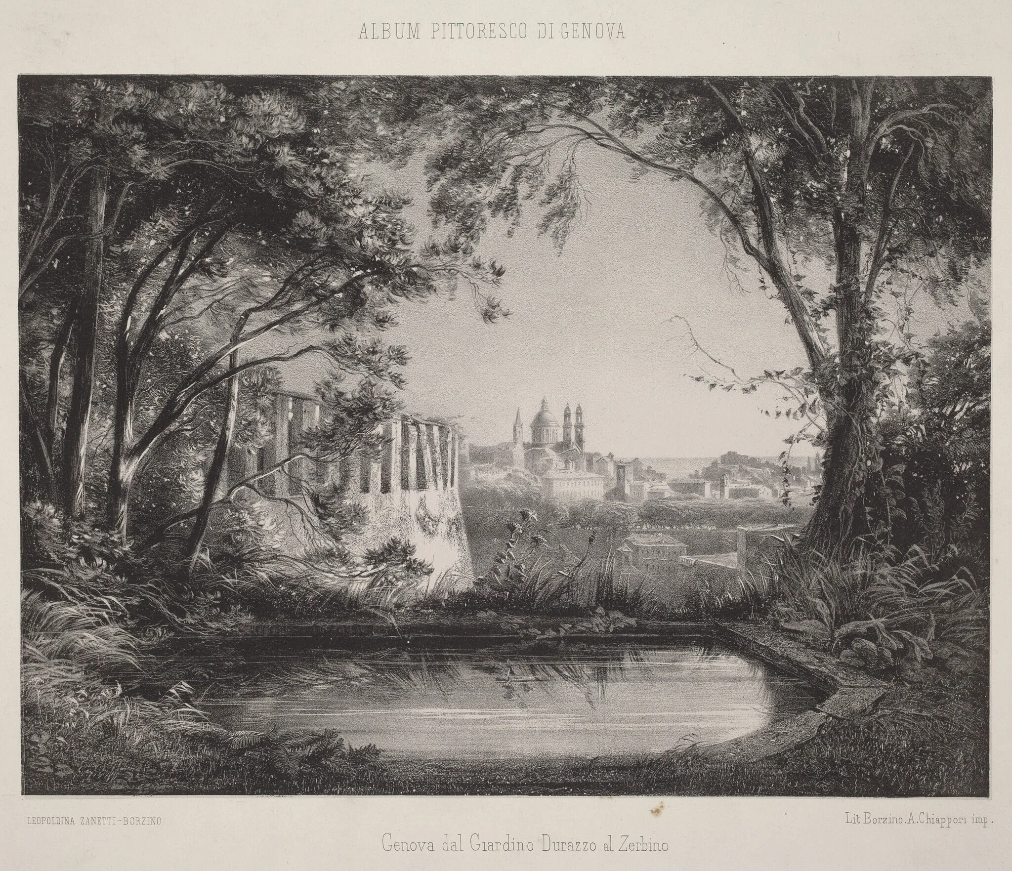 Genova dal Giardino Durazzo al Zerbino (Genoa from the Giardino Durazzo al Zerbino), by Leopoldina Zanetti Borzino, ink, 1857