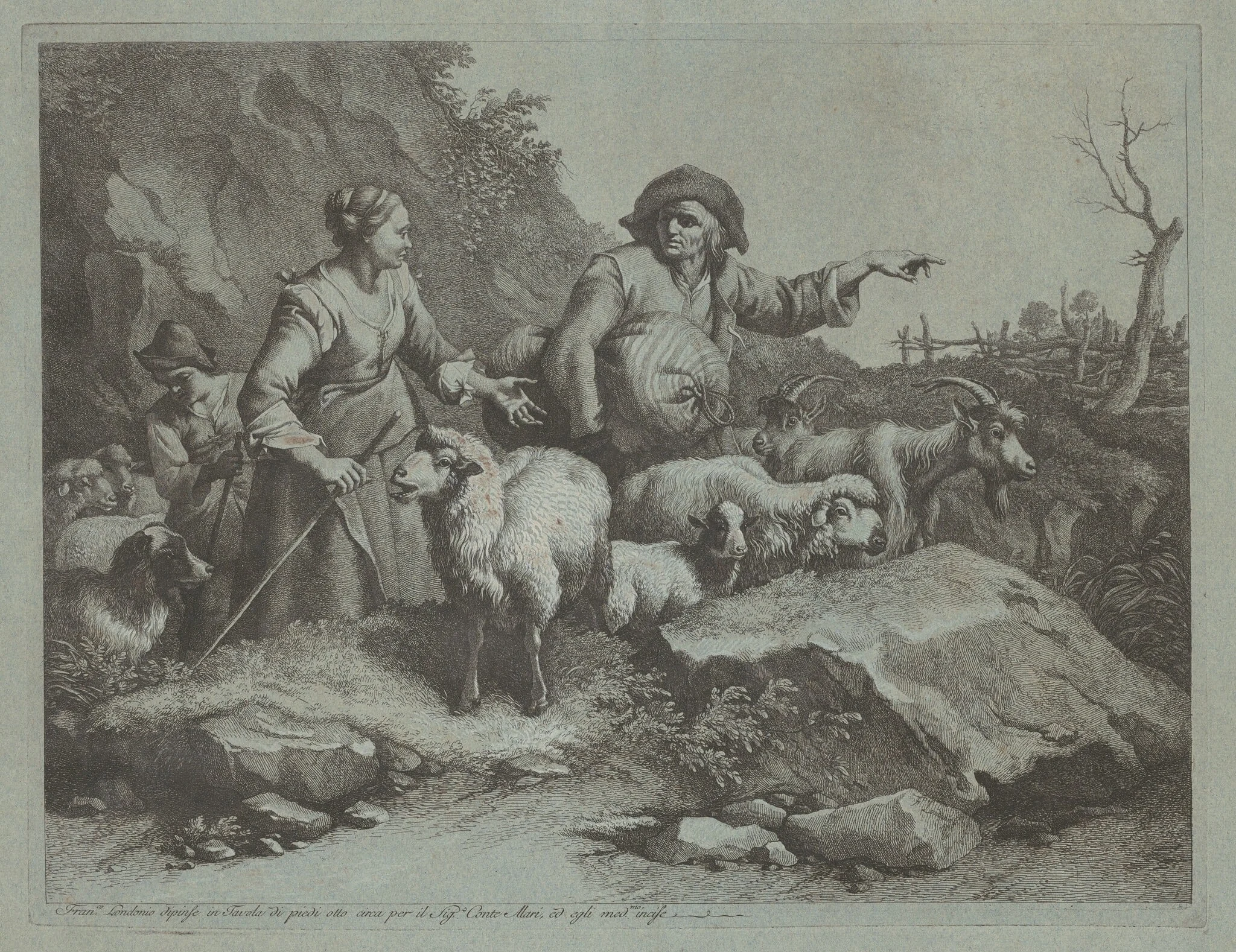 Peasant Man with a Sack and Two Shepherdesses, by Francesco Londonio, ink, 1765