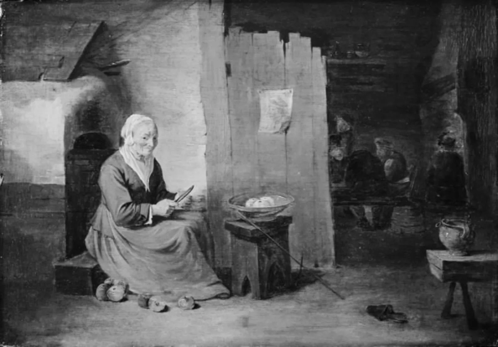 Interior of a Peasant's Cottage with an Old Woman Peeling Apples, by Unknown, 1648