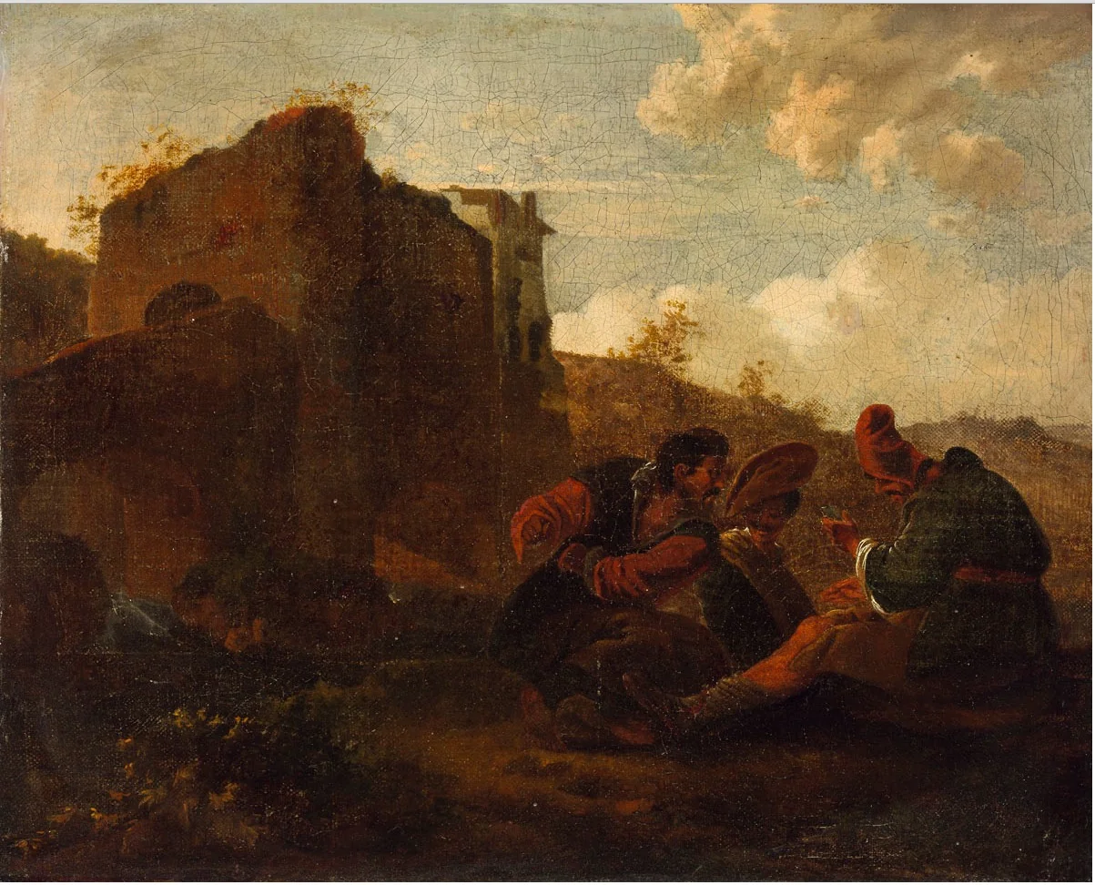 Vagabonds Playing Card in a Landscape, by Pieter van Laer, oil, 1630