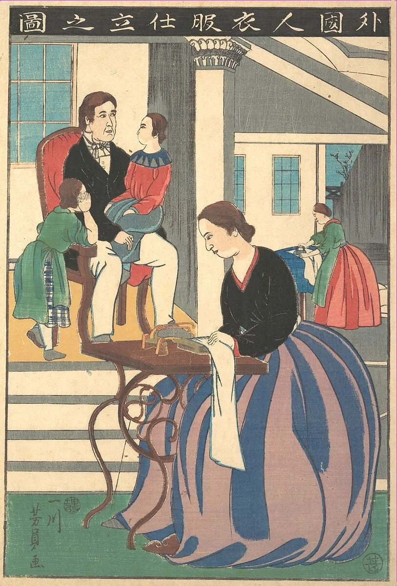 Gaikokujin ifuku shitate no zu|Picture of a Foreigner Making Clothes, by Utagawa Yoshikazu, ink, 1860