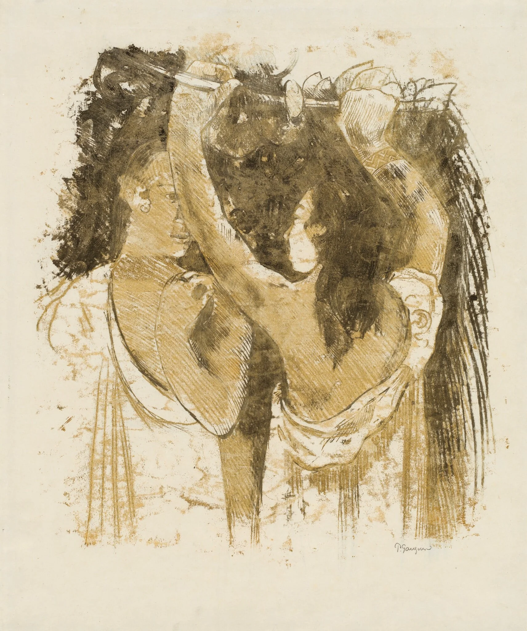 Two Tahitians Gathering Fruit [recto], by Paul Gauguin, 1900