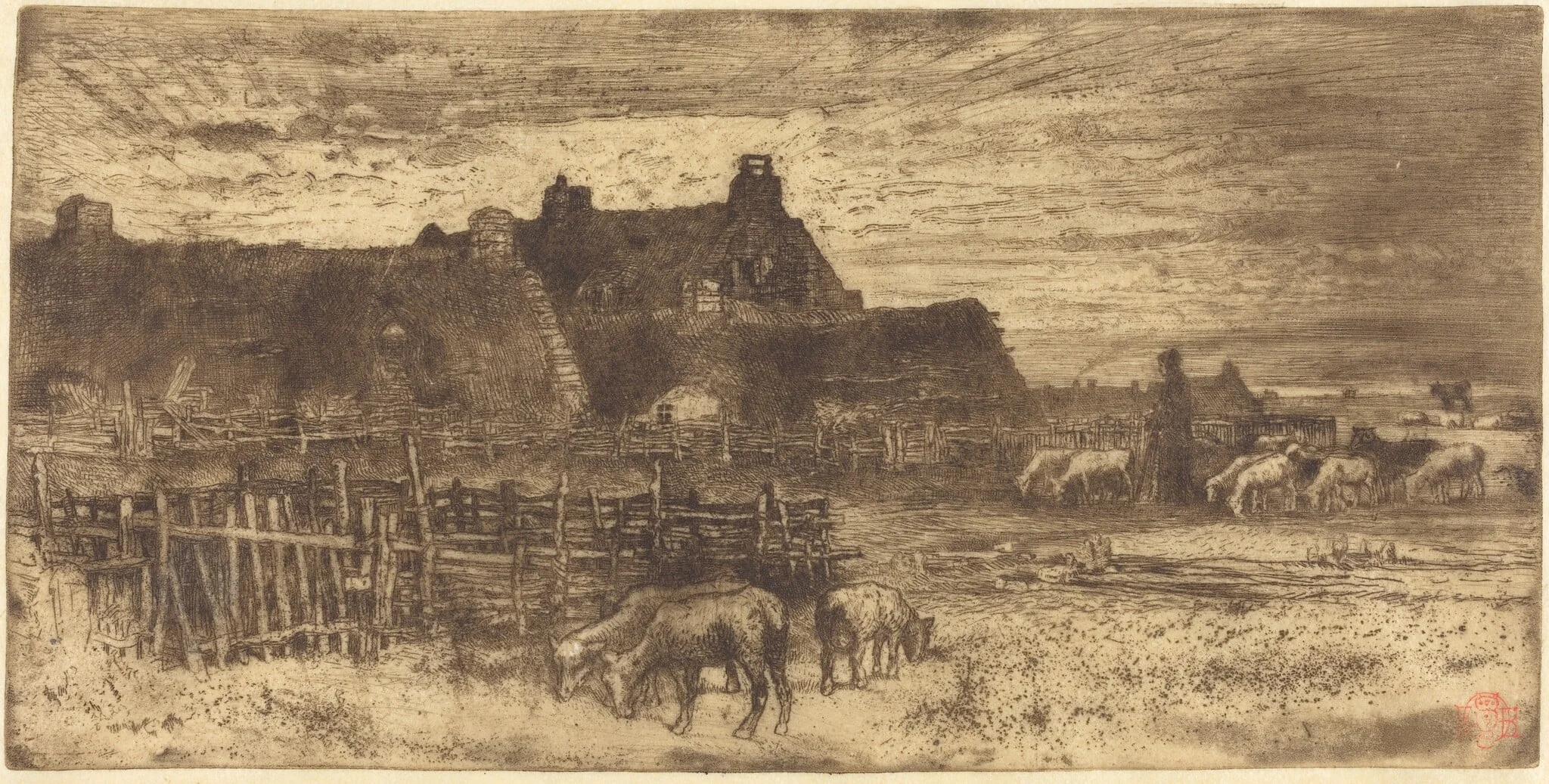 Les Bergeries, Soleil Couchant (Pastoral Scene, Setting Sun), by Félix-Hilaire Buhot, ink, 1872