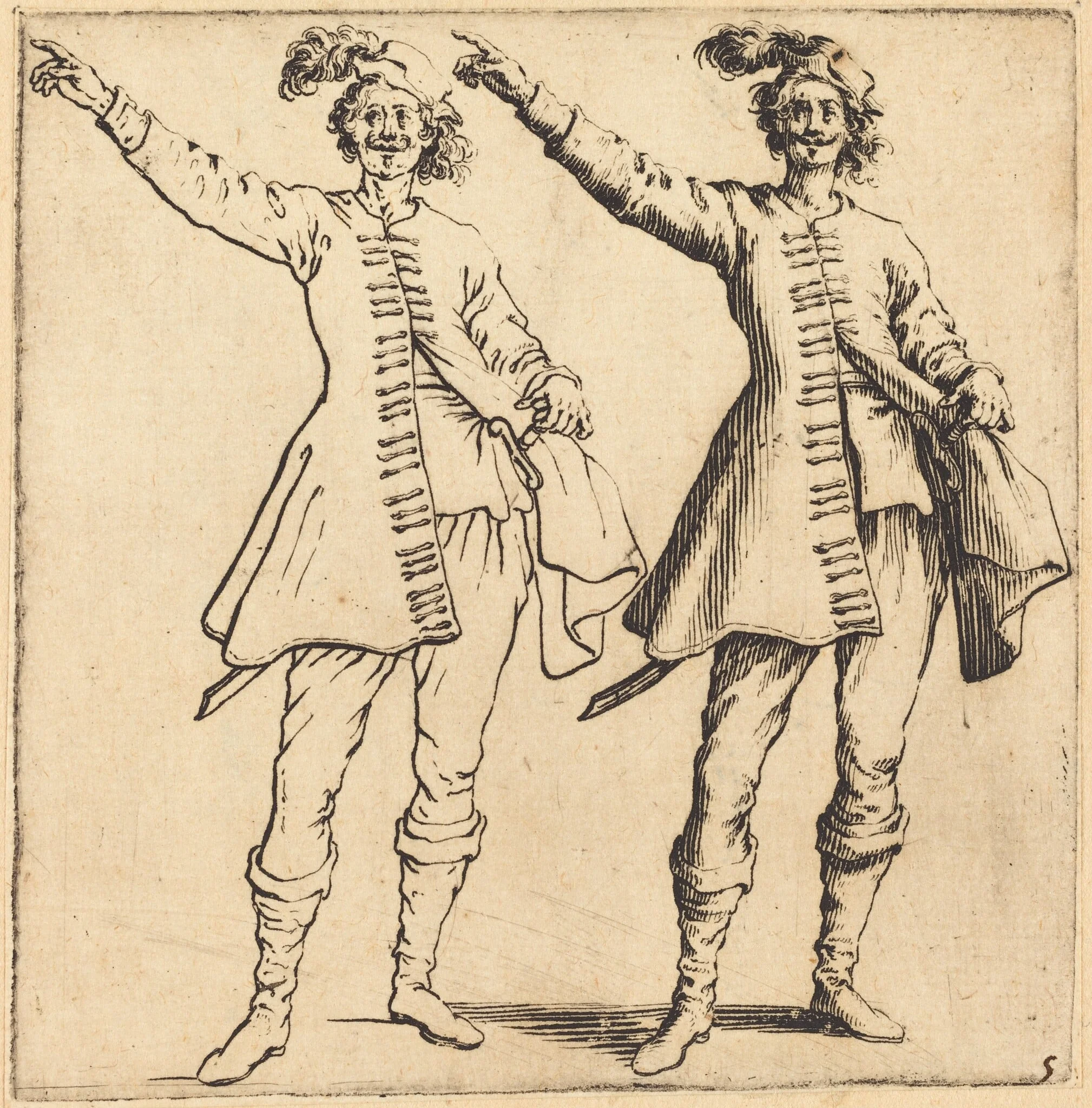 Officer, with Arm Extended, Front View, by Jacques Callot, ink, 1622