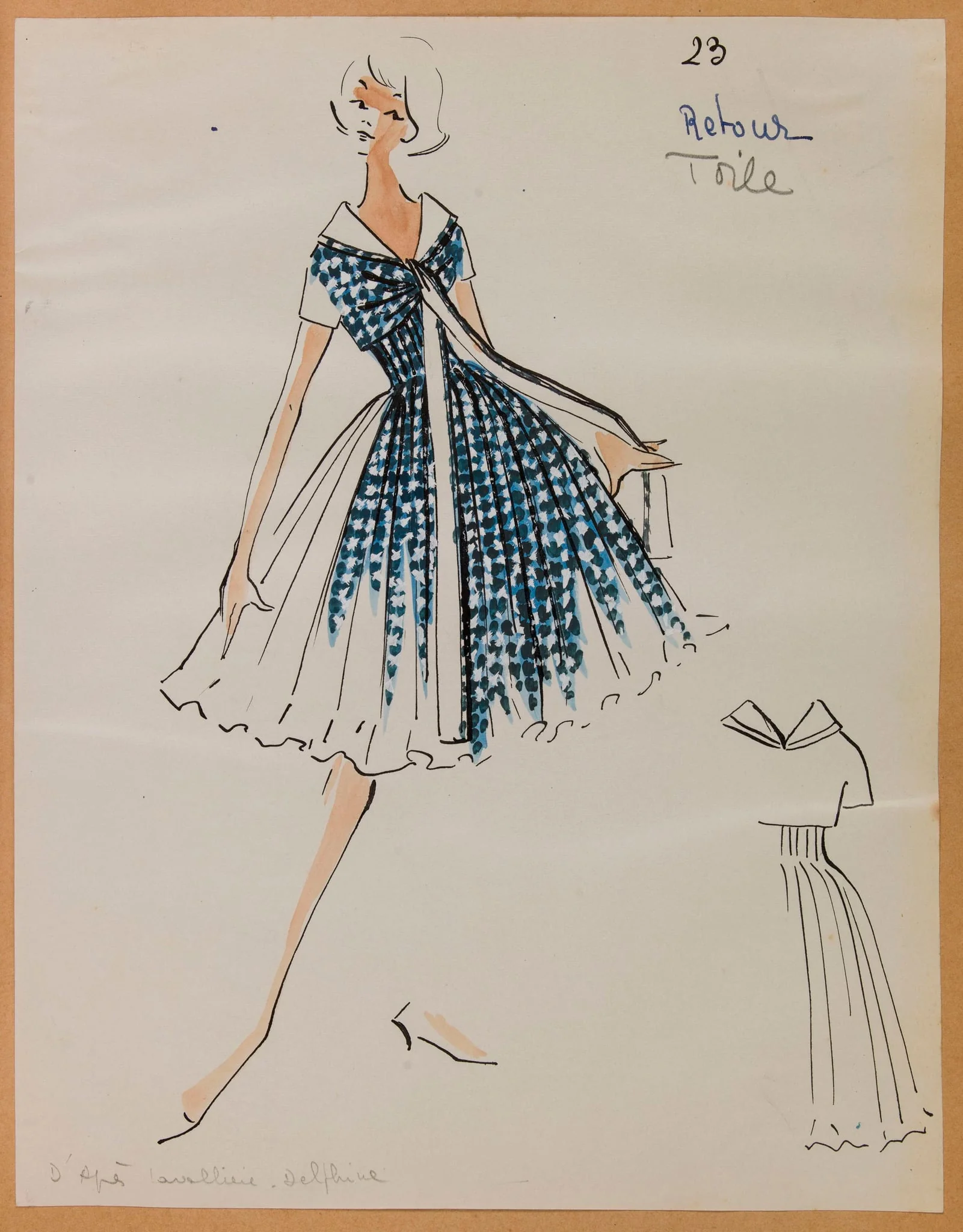 Robe à manche courtes à motif bleu et ruban partant de la poitrine, by Marie-Louise Carven, 1957