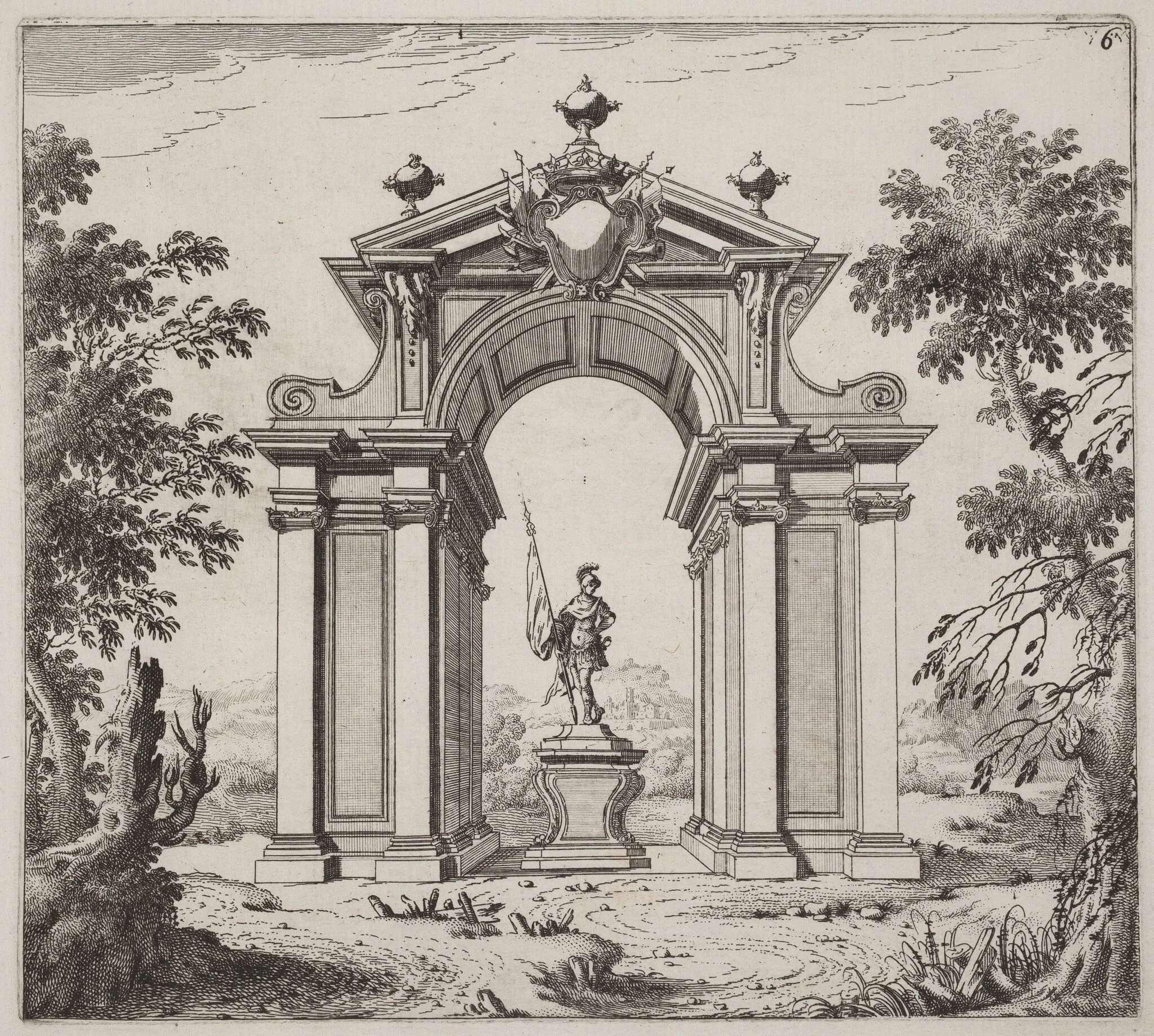 Triumphal Arch in a Landscape, by Giuseppe Antonio Landi, ink, 1753