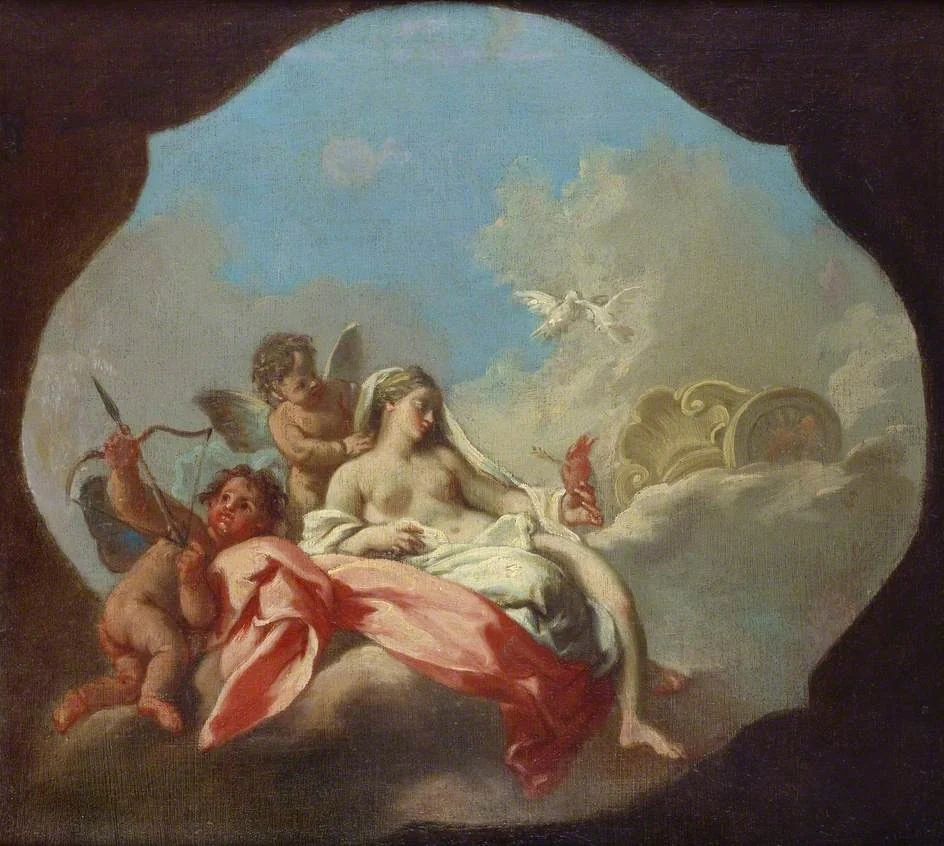 Venus and Cupid with a Putto in the Clouds, by Unknown, oil, 1750