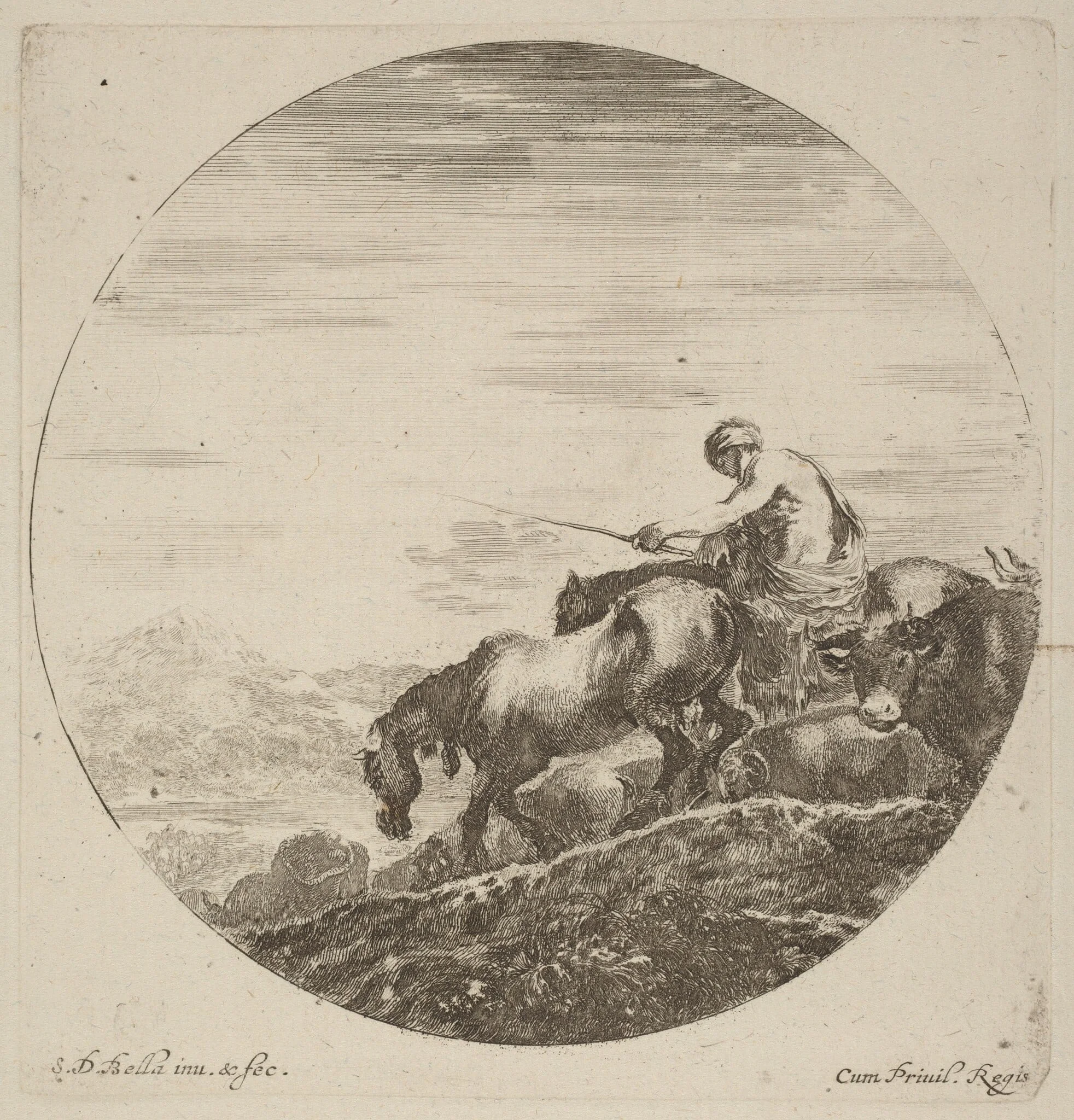 Shepherd on a Horse Driving a Herd of Various Animals, by Stefano Della Bella, ink, 1637