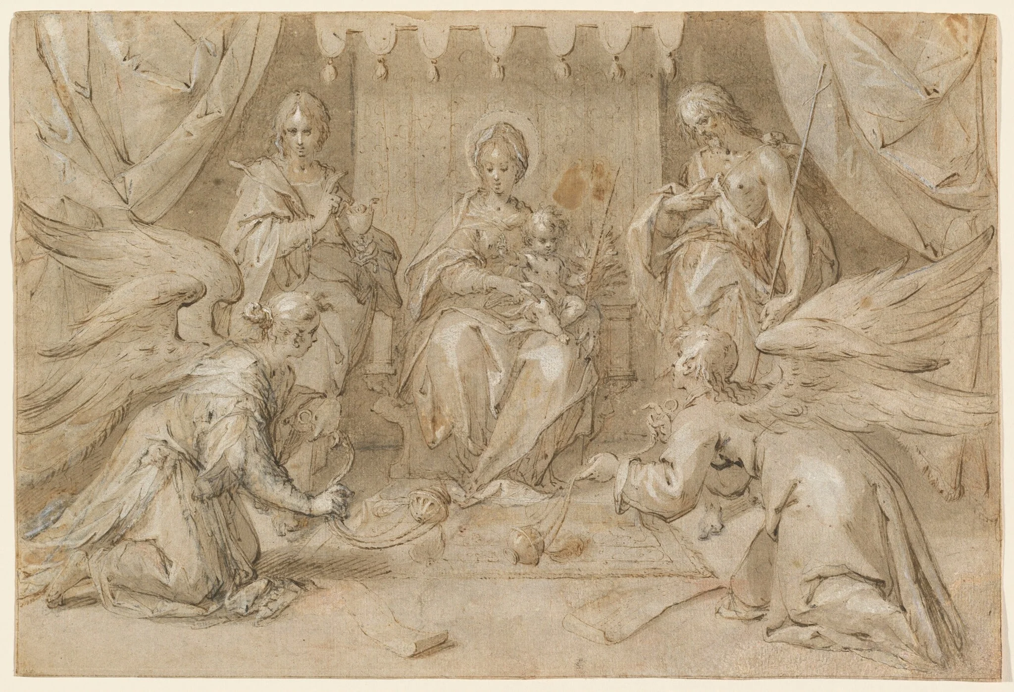 The Madonna Enthroned with Saint John the Baptist and Saint John the Evangelist, by Hans von Aachen, ink, 1589