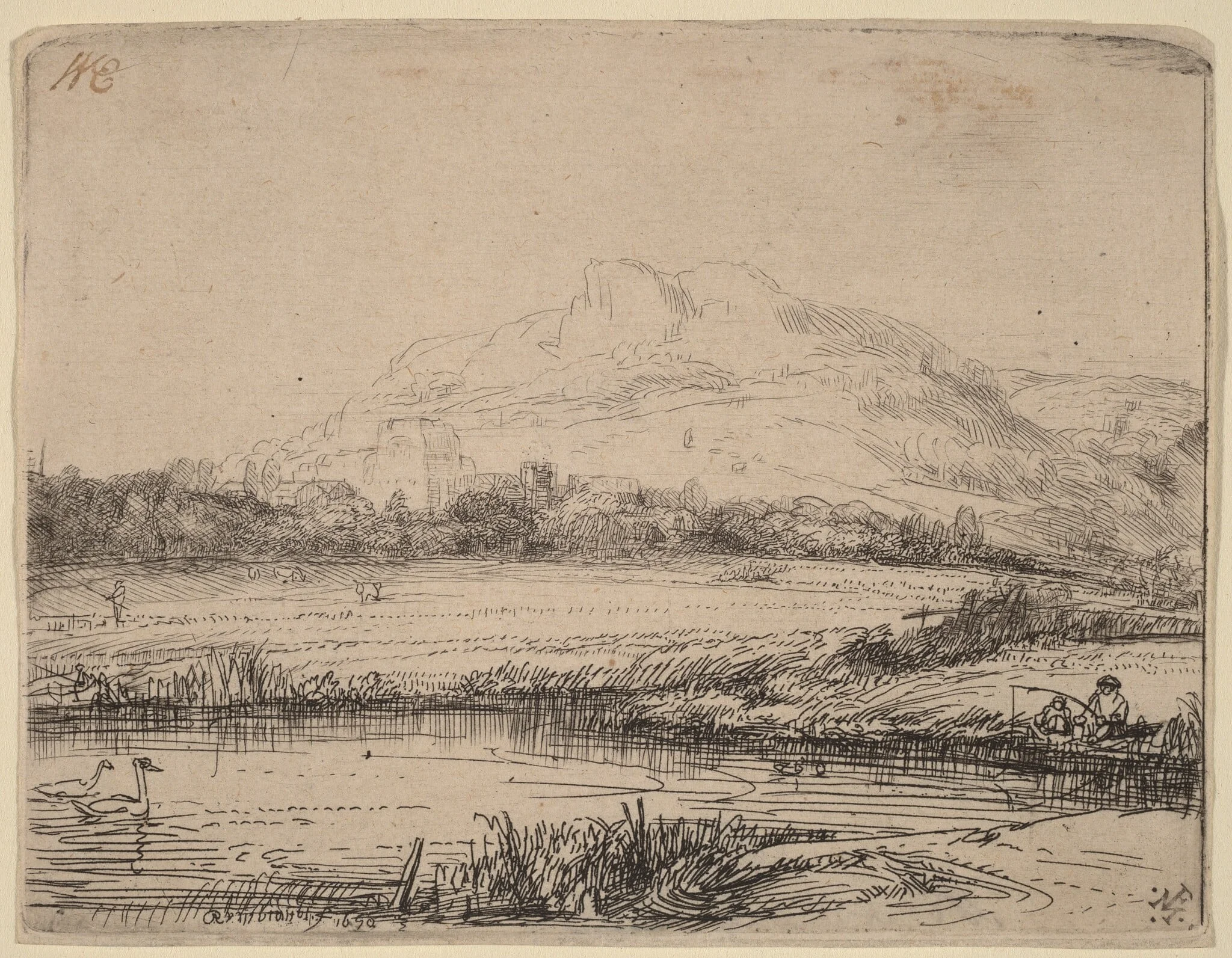 Canal with an Angler and Two Swans, by Rembrandt, ink, 1650