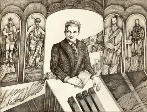 Tablou ”Nicolae Ceaușescu și eroii neamului”. Tabloul îl înfîțișază pe Nicolae Caușescu, în fundal sunt reprezentate patru personaje istorice Mircea cel Bătrân, Mihai Viteazul (stânga), Nicolae Bălcescu și Alexandru Ioan Cuza (dreapta). Comandat de Comitetul Județean de Partid Bistrița Năsăud și oferit în ianuarie 1989.
