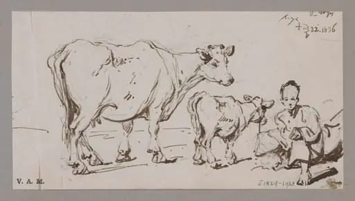 A cow and calf, with a crouching figure