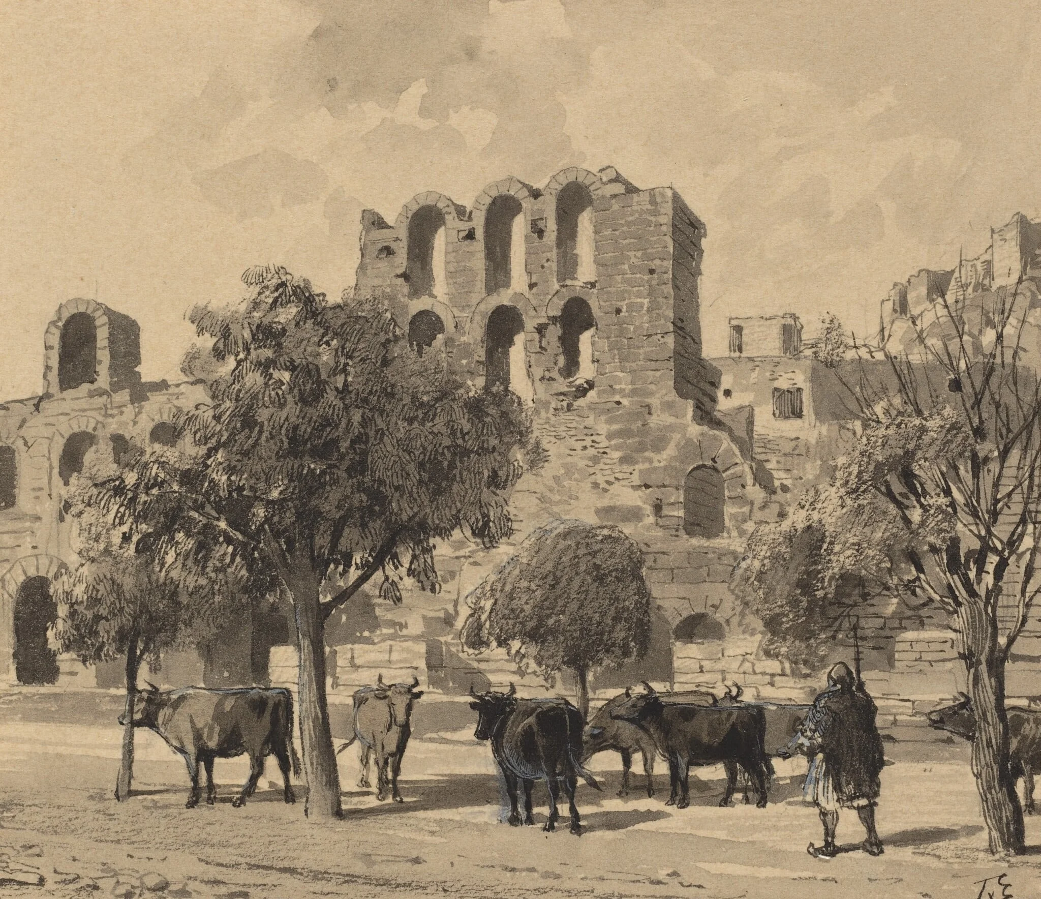 Theater of Herodes Atticus, by Themistocles von Eckenbrecher, ink, 1890