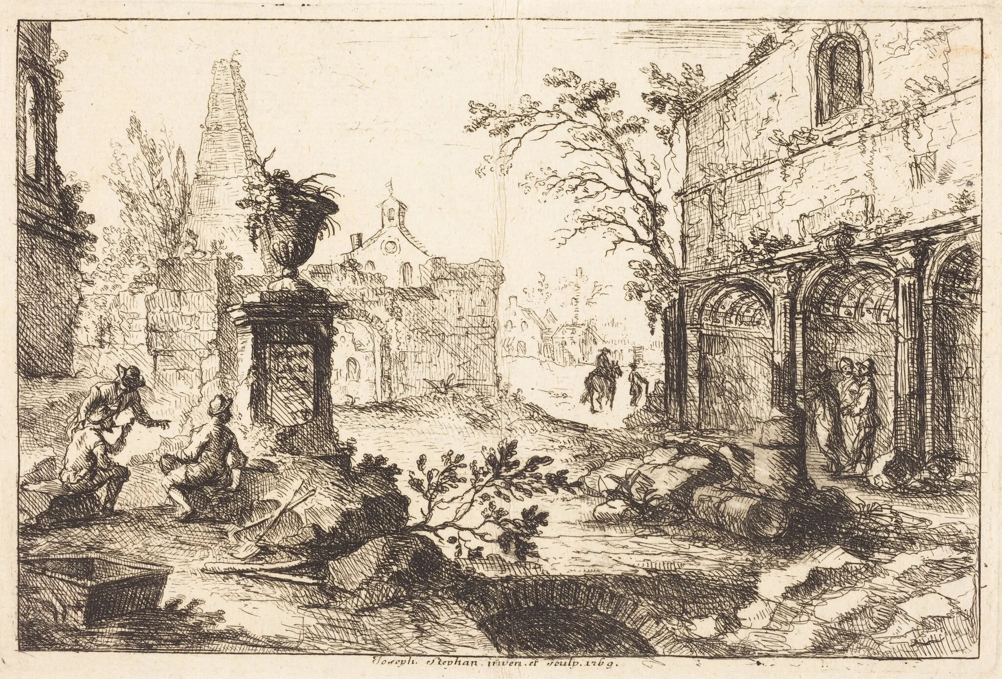 Architectural Fantasy with Roman Ruins, by Joseph Stephan, ink, 1769