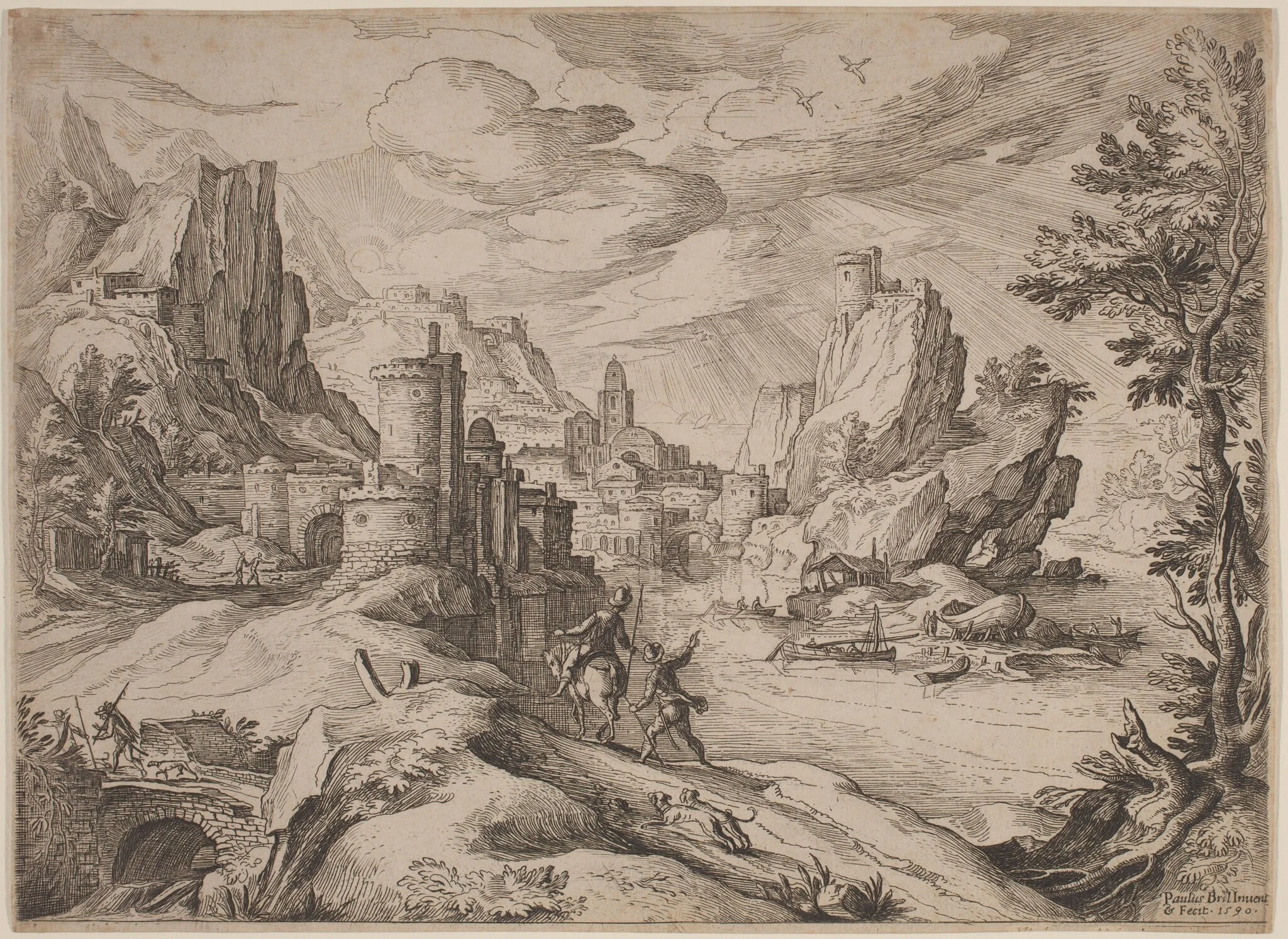 River Landscape with Travelers, by Paul Bril, ink, 1590