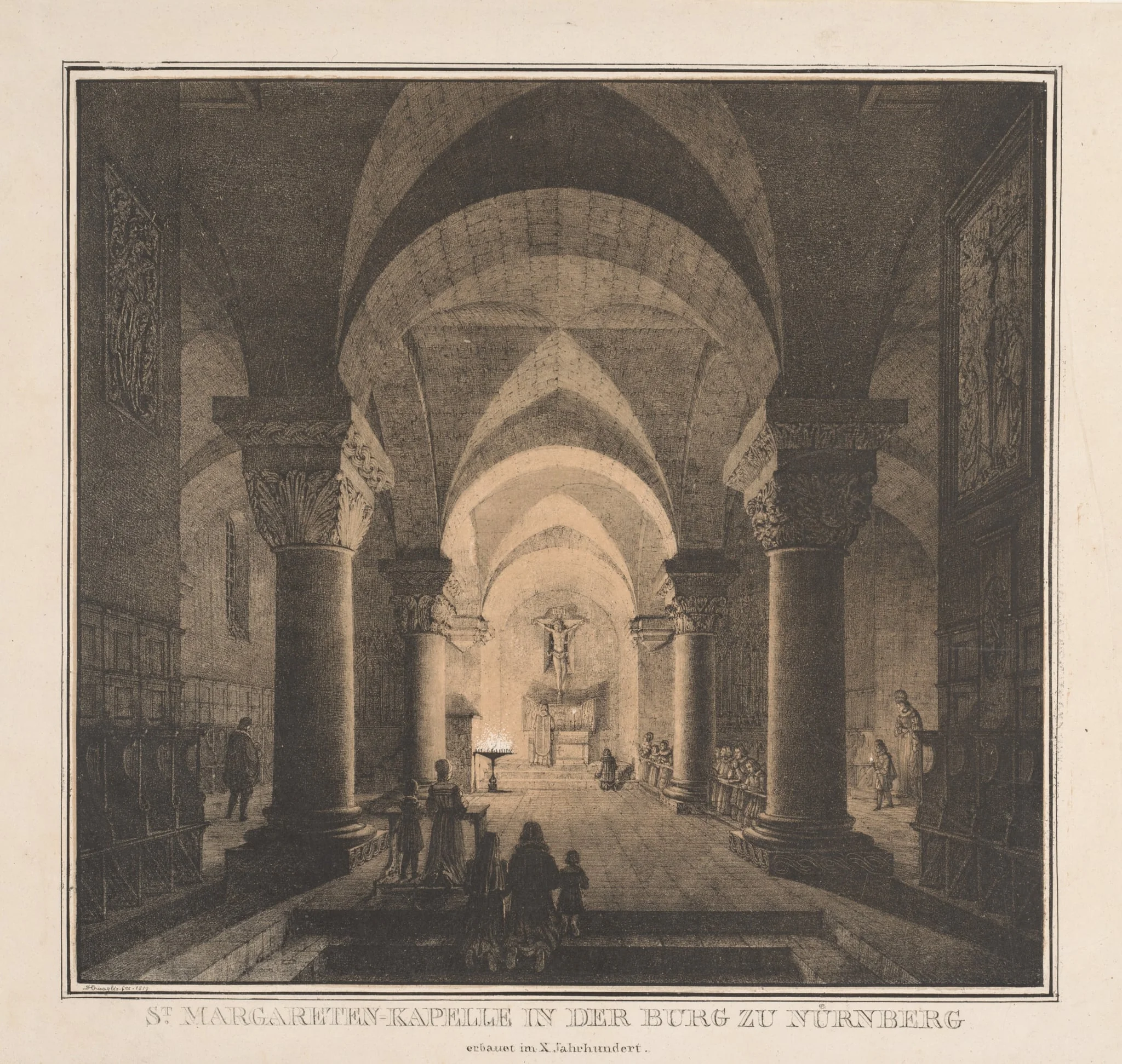 Notable Buildings of the Middle Ages in Germany:  St. Margaret's Chapel in the Imperial Castle at Nuremberg, by Domenico Quaglio the Younger, 1819