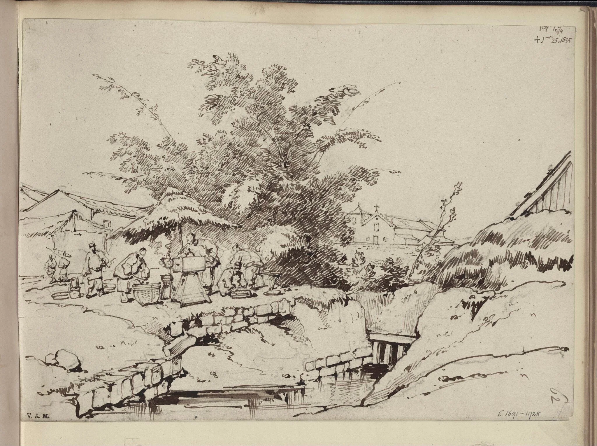 A stream with a blacksmith beyond, and a distant view of the church of S. Antonio, Macau, by George Chinnery, 13