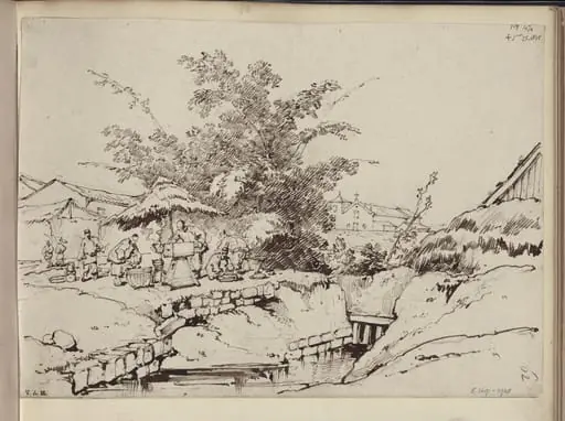 A stream with a blacksmith beyond, and a distant view of the church of S. Antonio, Macau