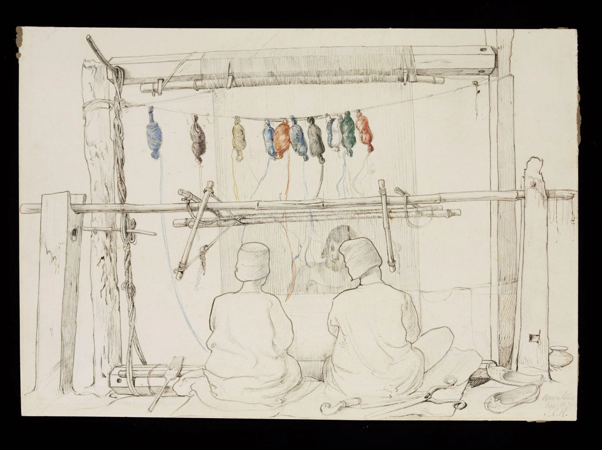 Three men from Amritsar jail working at a carpet loom, by John Lockwood Kipling, 1870