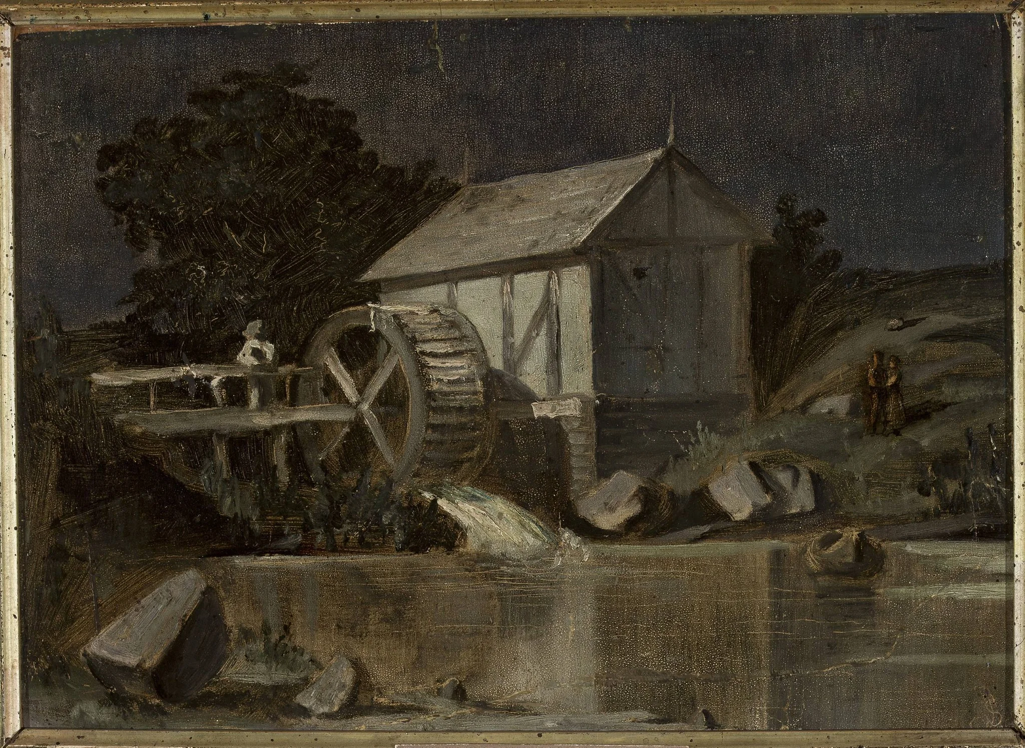 Mill at the river on a moonlit night