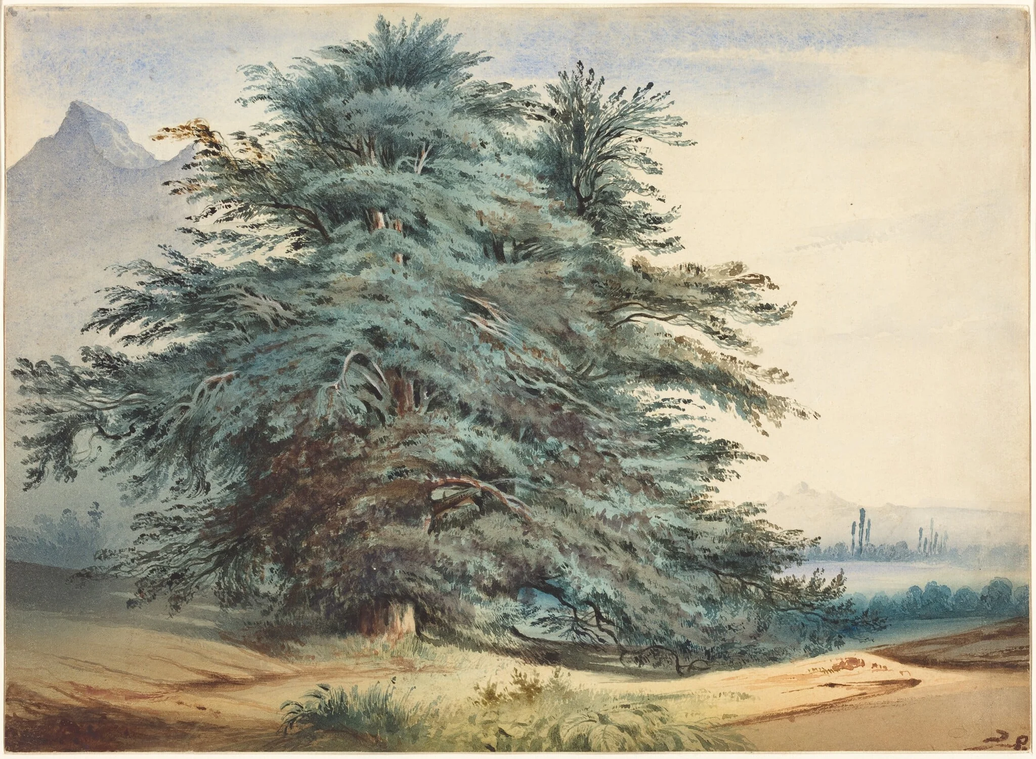 Two Ancient Trees before a Mountain Peak, by Jules Dupré, watercolor, 1830