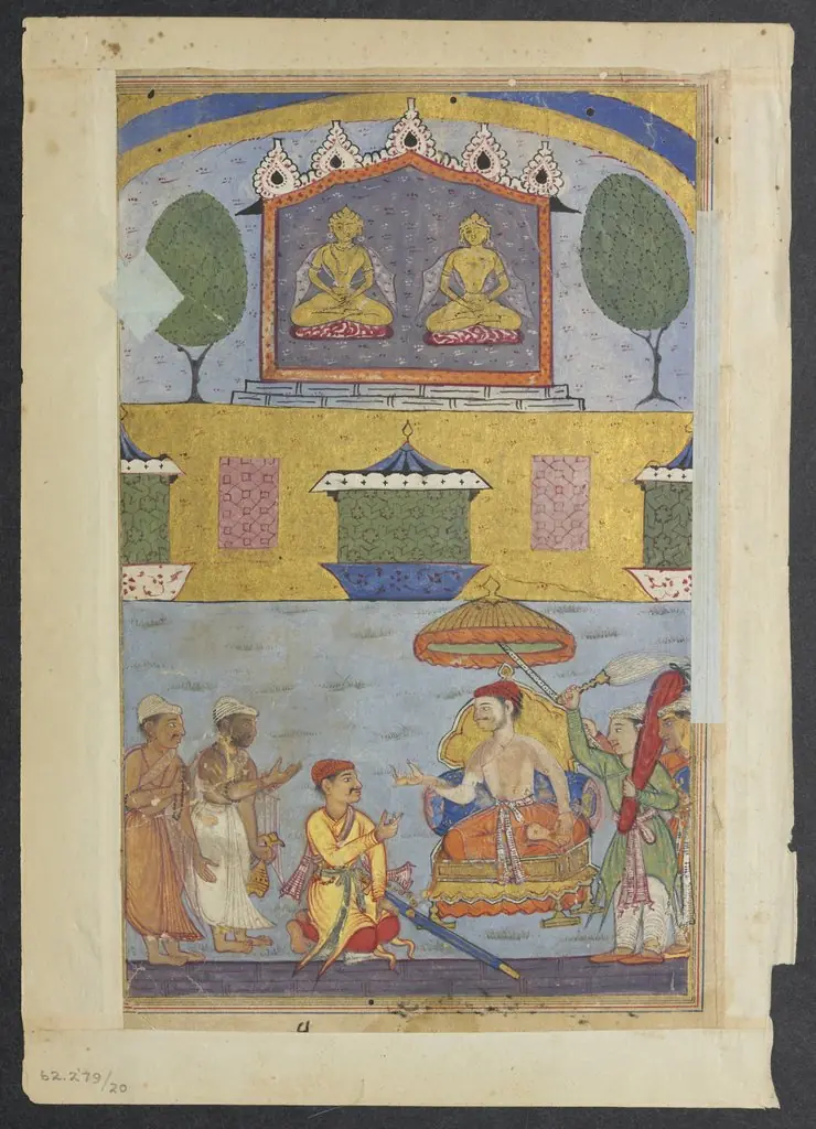 The goldsmith and the carpenter inform the king of a dream in which the golden images plan to desert the city for lack of worshippers, from a Tuti-nama (Tales of a Parrot): Third Night